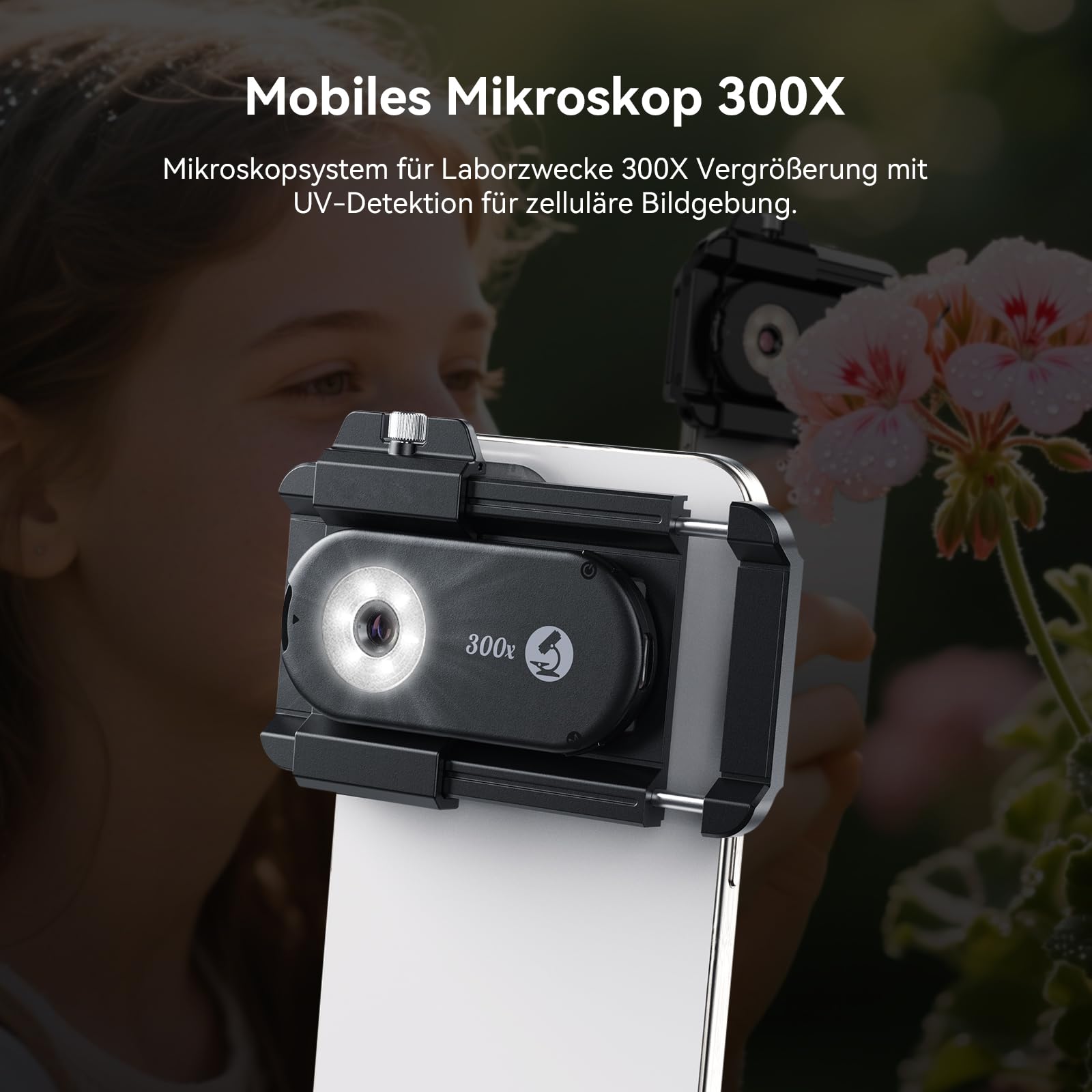 Evil Eye 300X Handy Mikroskop, Telefonmikroskop mit CPL, 18 LED-Licht, 19 Beleuchtungsmodi, Mikroskop Handy UV-Licht & Universalclip Für Android/iPhone, Ideal Für Gärtner, Uhren & Schmuckliebhaber