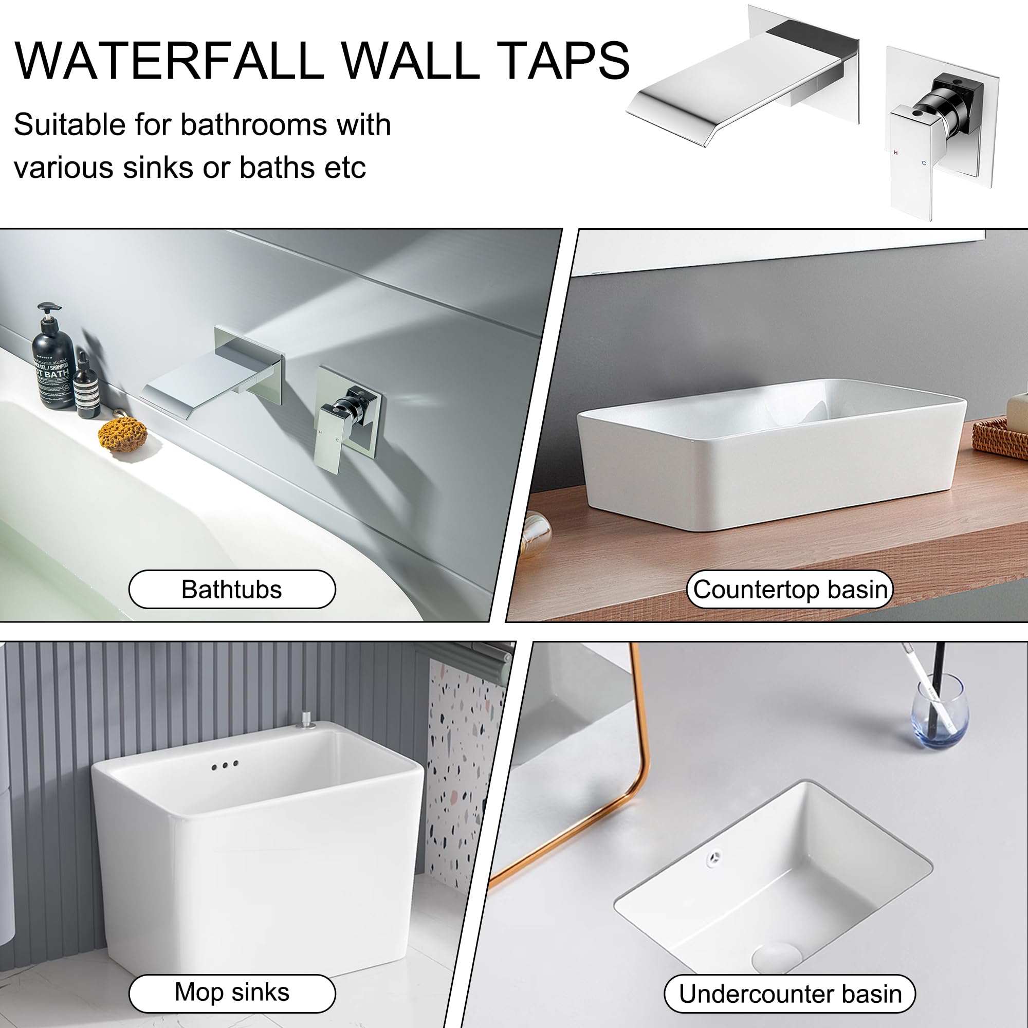 Grifo Lavabo Cascada Pared Grifo Baño Moderno Mezclador Bañera Empotrado Grifería Baño Monomando Agua fría y Agua Caliente (Cromo)