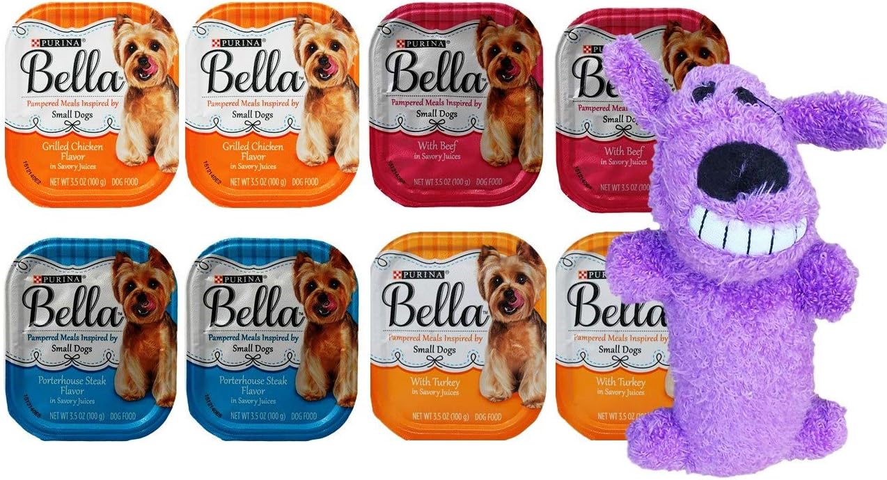 Purina Bella Small Breed Dog Food 4 Flavor 8 Can with Toy Bundle, (2) Each: Turkey, Grilled Chicken, Beef, Porterhouse Steak (3.5 Ounces)