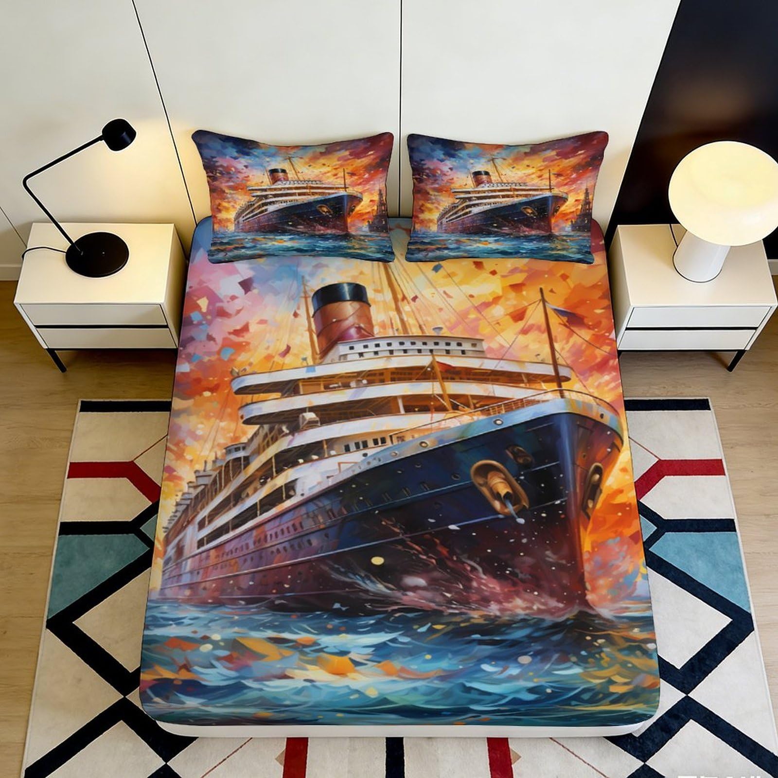 3D Printed Vintage Ship Fitted Sheet Microfiber Soft Durable Ocean Sunset Bed Cover for Bedroom Dormitory Guest Room Mattress Protection Decor 200x200x25cm