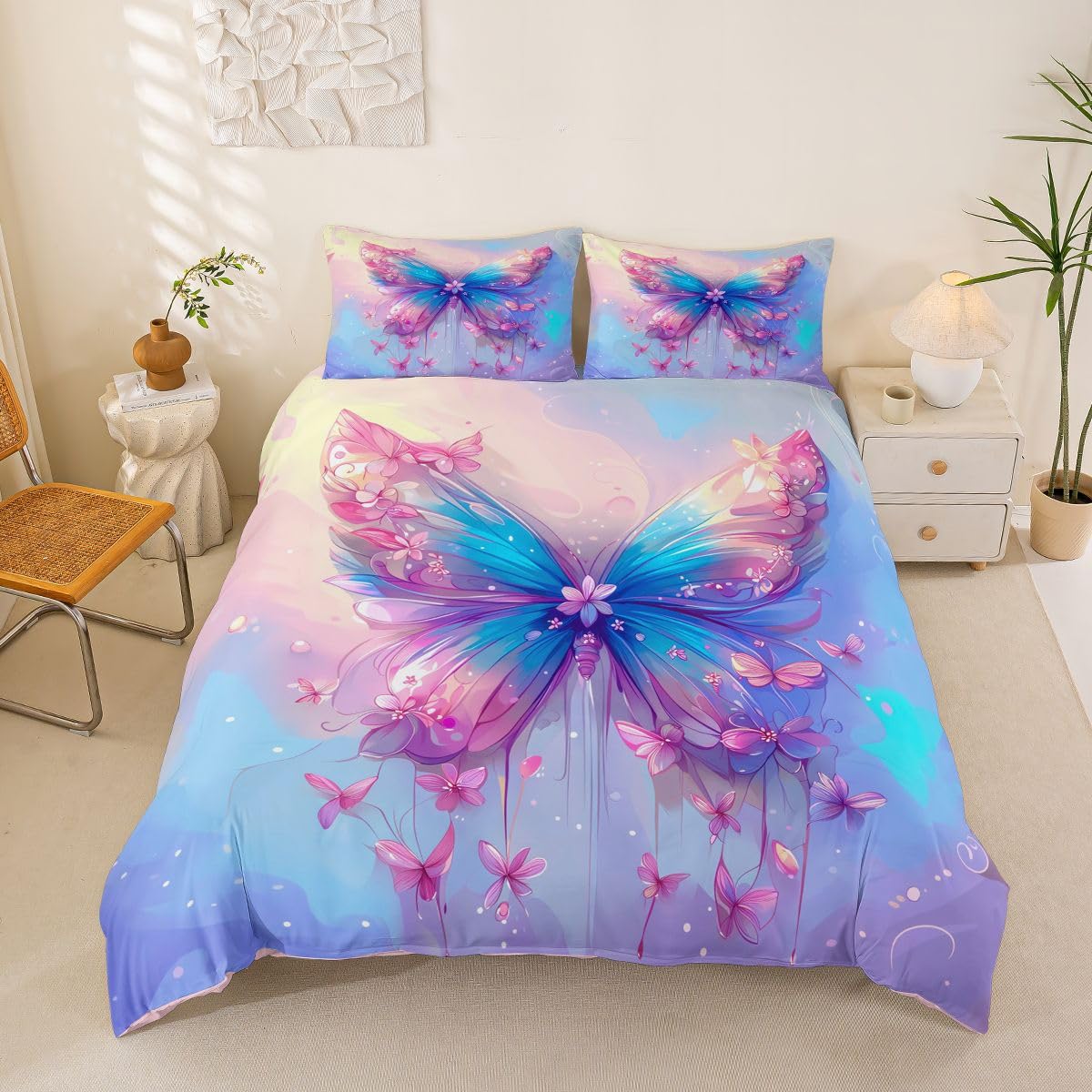 Homewish Ombre Zestawy Pościeli King Size Motyl Poszwa Na Kołdrę Różowy Niebieski Gradient Płatki Akwarela Kołdra Poszewka Kwiatowa Dziewczęca Marzycielski Zestaw