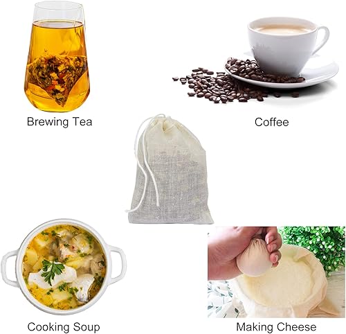Miniatura 2 de Numola 50 bolsas de té de algodón sin blanquear, bolsas de té reutilizables con cordón para cocinar sopa, bolsa infusora de té orgánico natural