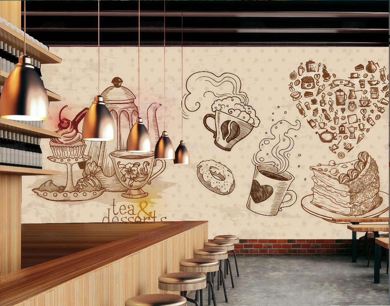 XDOUBAO Wallpaper Simple Hand-Painted Cake Coffee Theme Dessert Bakery Shop Afternoon Tea Coffee Shop Background Mural Western Restaurant Wallpaper,3D,350x245cm