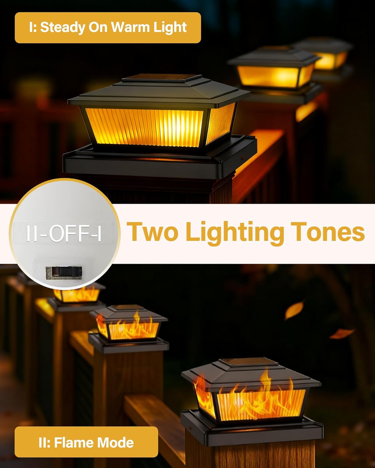 Solar Post Cap Lights Outdoor for 4x4 5x5 6x6 Wood/Vinyl Posts, 12 Pack Fence Post Solar Lights with Flickering Flame & Warm Modes for Deck/Garden/Patio, IP65 Waterproof - Black