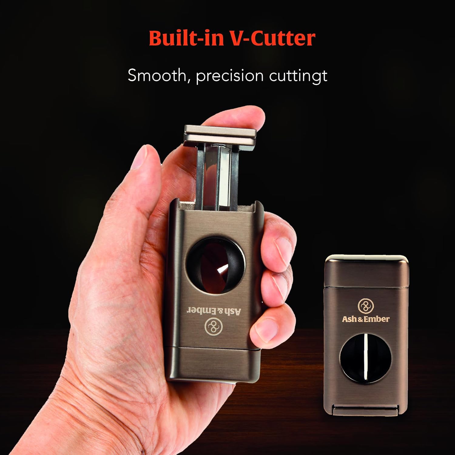 “Empire“ Cigar Lighter with V-Cutter & Cigar Rest – Triple Jet Cigar Lighter Butane Refillable, Windproof, Gunmetal Finish, Adjustable Flame, Visible Fuel Window, Gift for Men – Ash & Ember