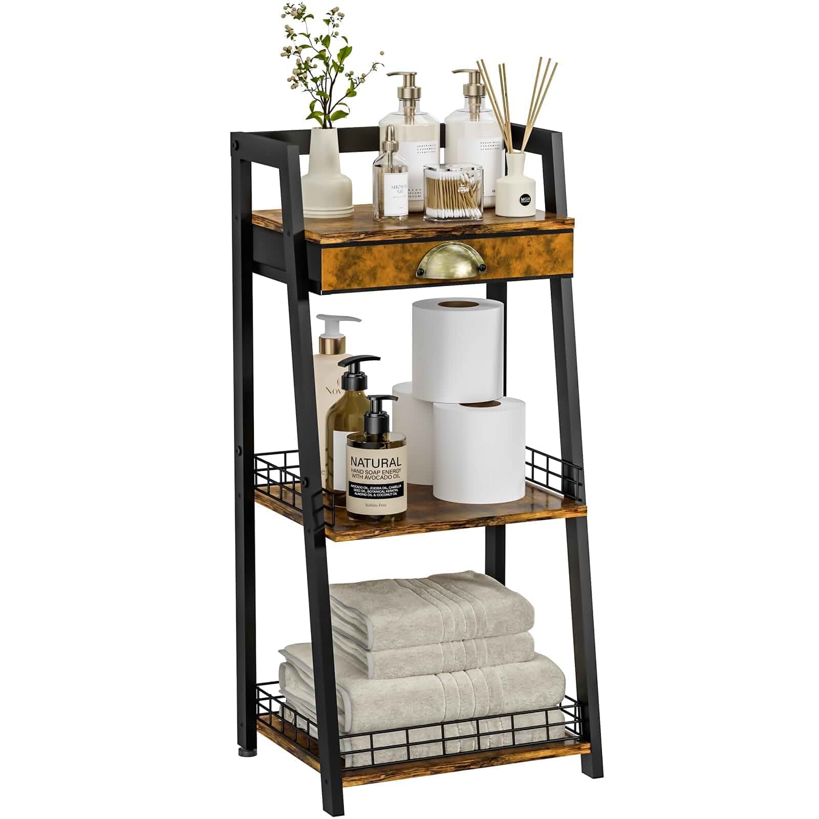 keomaisyto 3-Tier Bathroom Shelves with Canvas Drawer, Floor Bathroom Storage Shelf, Small Storage Stand Rack, Freestanding Ladder Shelf for Living Room Bedroom, Rustic Brown Floor Mount