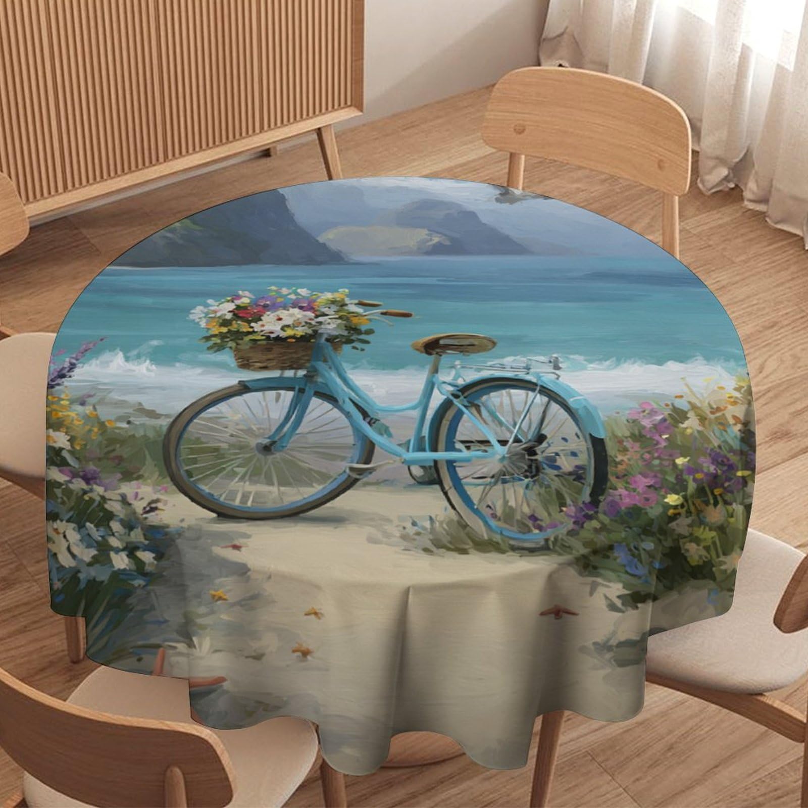 LUYYSKY Beautiful Colorful Coastal Beach Round Tablecloth Modern Art Nautical Ocean Landscape Animal Seagull Bicycle Washable Decor for Table Cover for Kitchen-152.4" Wx152.4 L cm