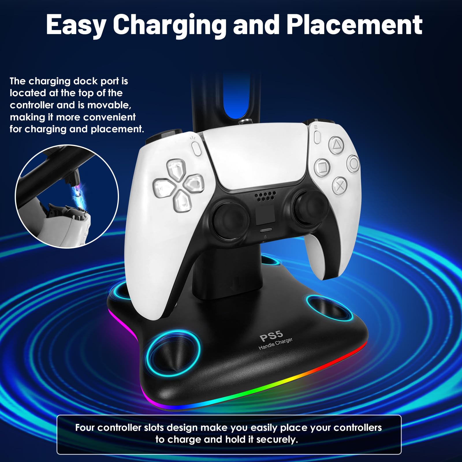 Caricabatterie per controller PS5 con supporto per cuffie RGB, stazione di ricarica per controller PS5 con 2 porte USB, supporto per cuffie e controller per PlayStation 5, regali di gioco per