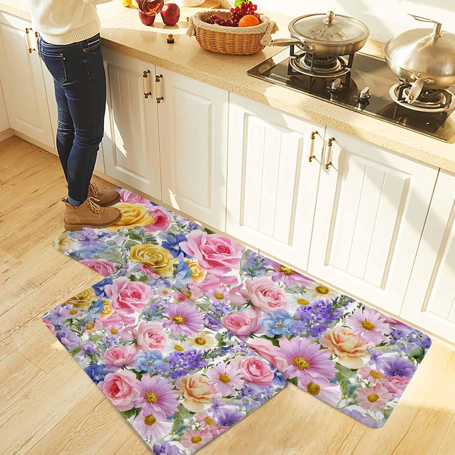 Purple Pink Floral Kitchen Rugs and Mats Set of 2, Non-Slip Kitchen Sink Mat, Spring Watercolor Country Flower Washable Doormat Bathroom Rugs Runner for Bedroom/Living Room 15.7"x23.6"+15.7"x47.2"