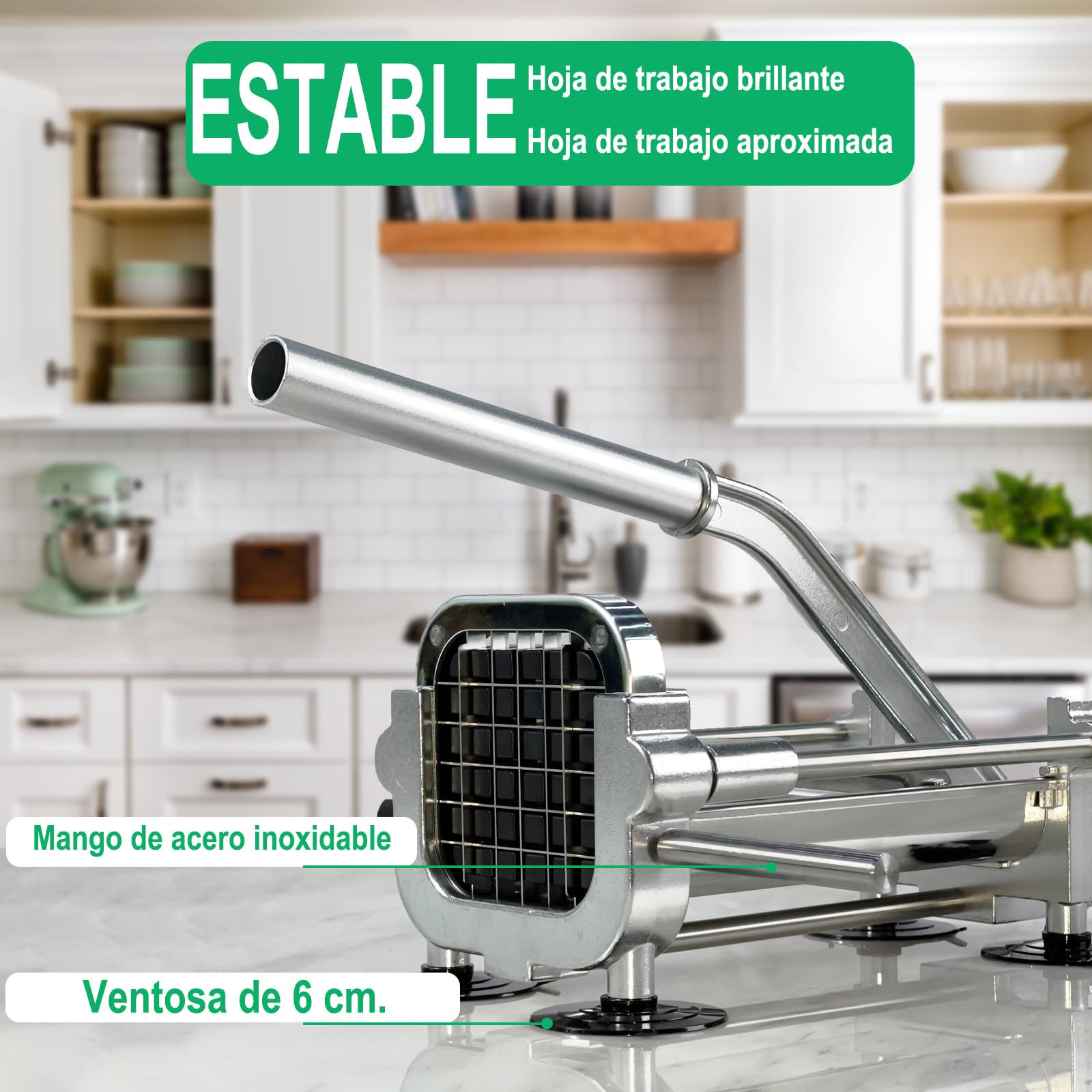 EASCANDY Cortador Profesional de Patatas Fritas, Cortador de Acero Inoxidable con Cuchillas de 12,7 mm, 9,5 mm y 6,35 mm, Resistente para Batatas, Zanahorias, Ñames y Pepinos