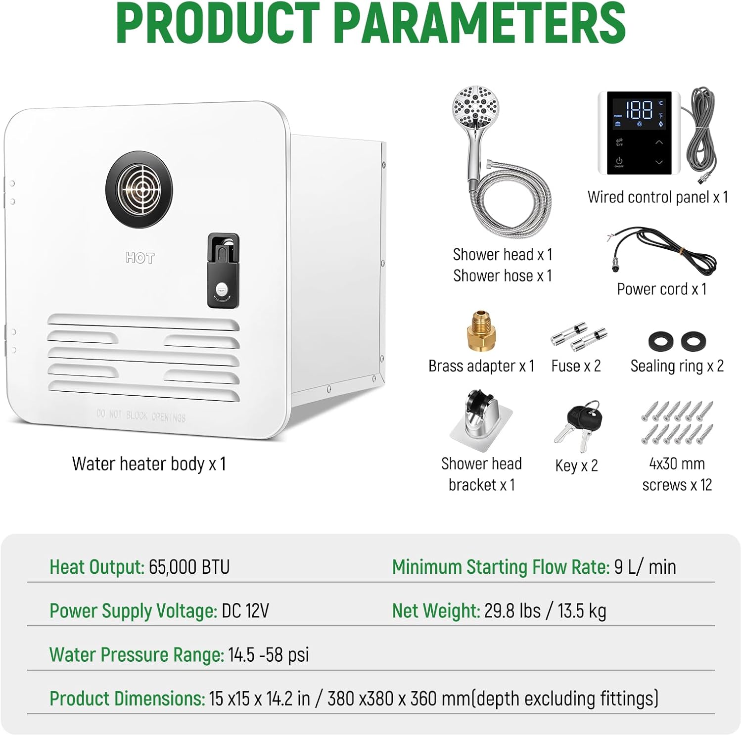 RV Tankless Water Heater, 65,000 BTU with Control Panel Showerhead, DC 12V, Freeze Protection, High Altitude Available,15" x 15" White Door On Demand Instant Hot Water Heater for RV Camping