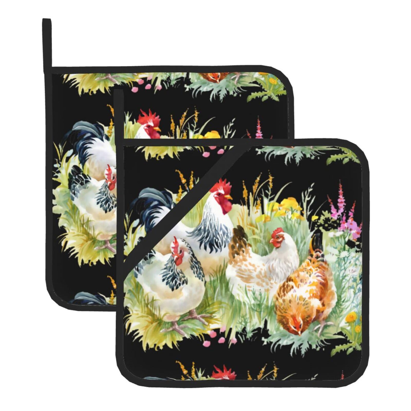 YYHHAOFA Rooster Prints Square Hot Pads - Durable Kitchen Covers for Heat Resistance, Waterproof Protection & Easy Cleaning - 2-Pack with Hanging Loops