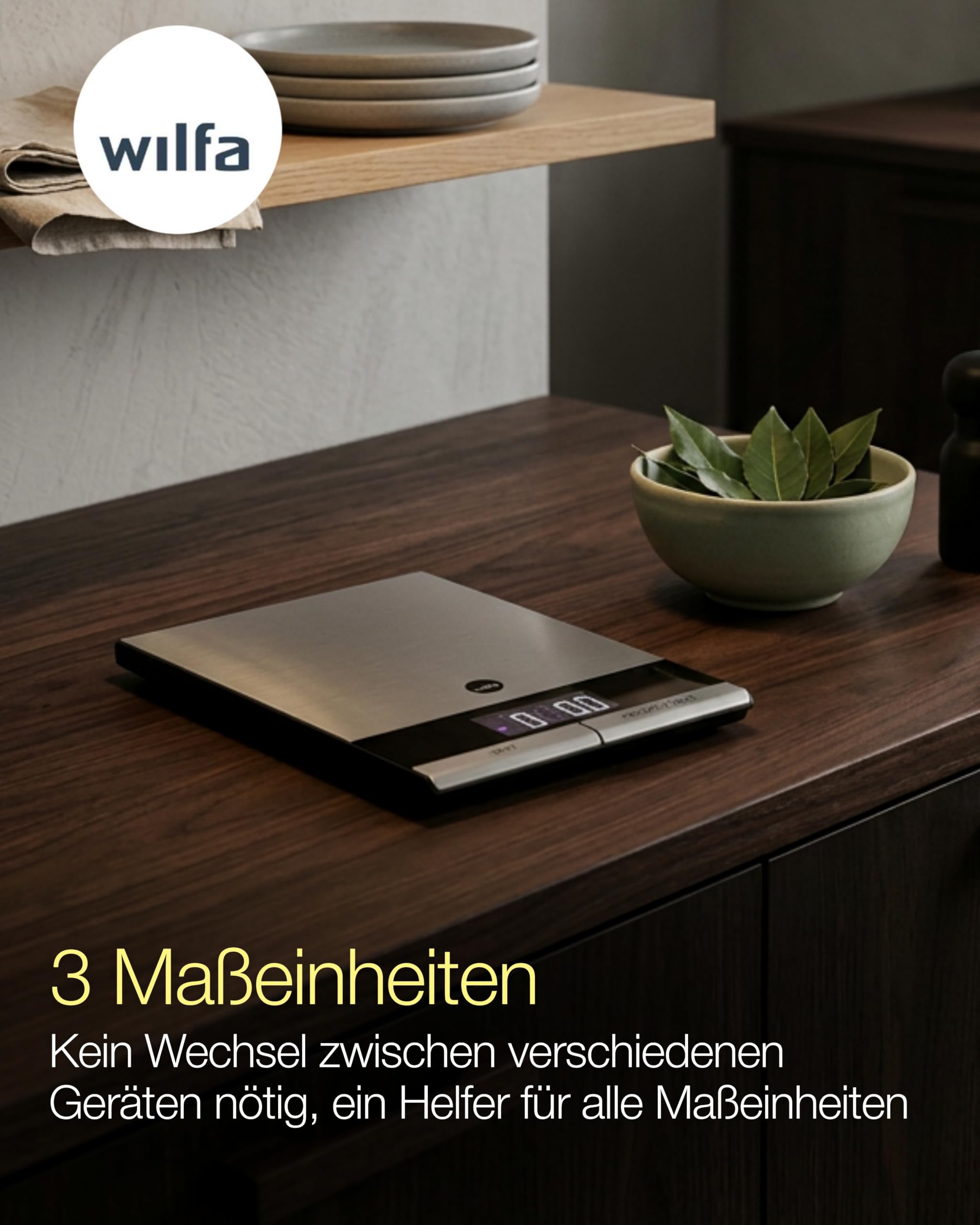 Wilfa GRAM STÅL Küchenwaage – digitale Waage aus rostfreiem Edelstahl – 1 Gramm Intervalle – 5kg Maximalbelastung, silber