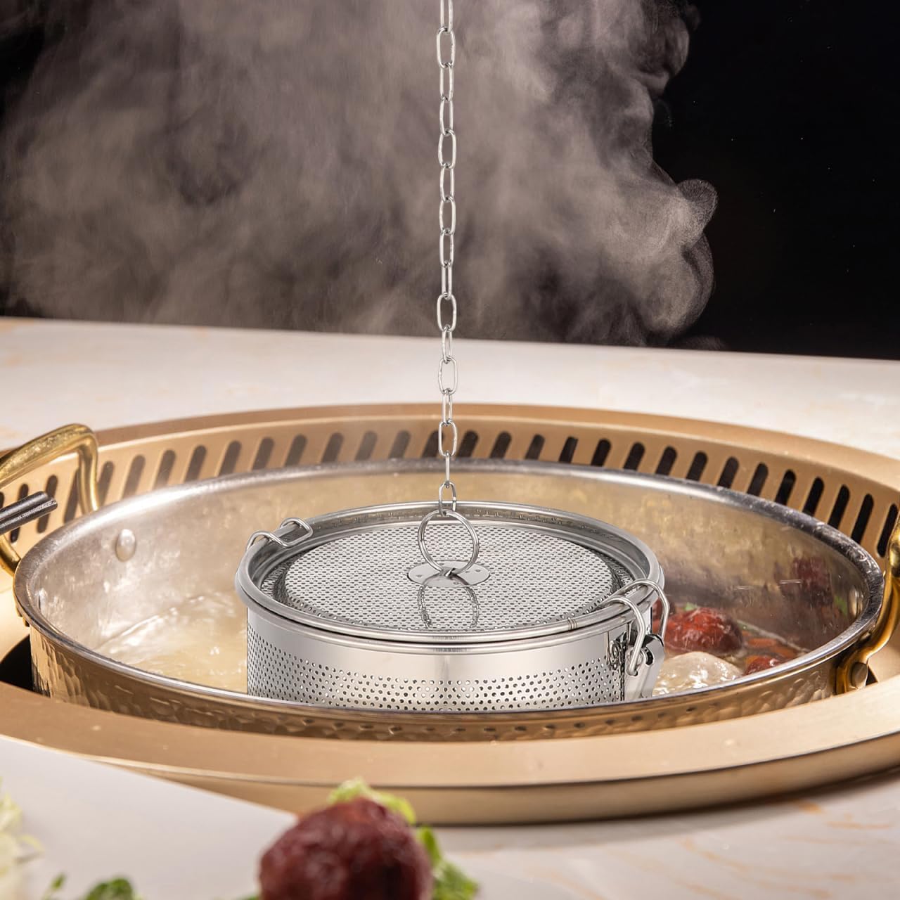 Bola de especias para cocinar, colador de condimentos, infusor de té de acero inoxidable 304, filtro de malla para hojas sueltas, sopa de té, gran capacidad y gancho de cadena extendido (16 x 16 x 16