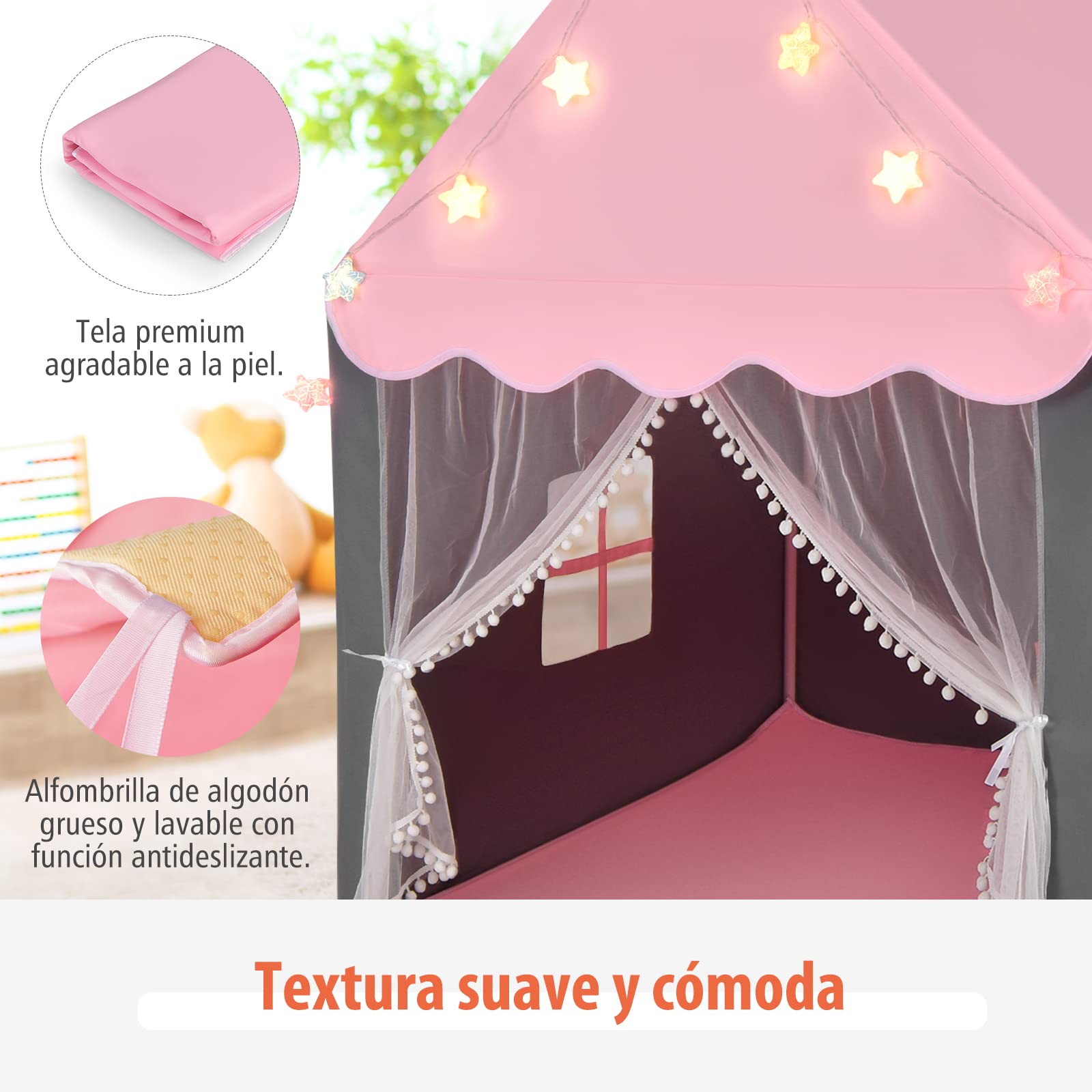 COSTWAY Carpa para Niños con Colchoneta Lavable, Luces de Estrella, Ventanas, Cremalleras Inferiores, Carpa Castillo de Hadas, Casa de Juegos, Tienda Infantil de Campaña para Niños y Niñas (Rosa)