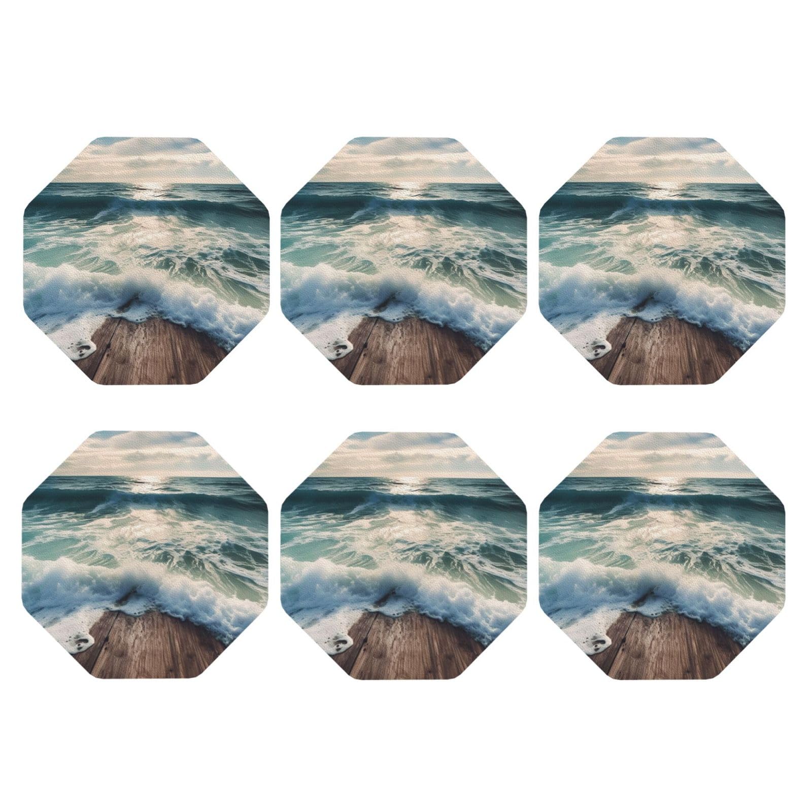 6pcs Leather Coasters for Drinks, Sea On The Boards Drink Coasters for Tabletop Protection, 4" Cup Coasters for Coffee Table Decor, Non-Slip Drinking Cup Mat for Hot Or Cold Drink