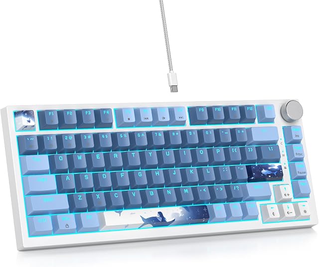 Clavier Filaire 75% avec Bouton, Clavier de Jeu 75 Pourcent Remplaçable à Chaud, Interrupteur Rouge, Rétroéclairage RGB, 82 Touches TKL Clavier Mécanique, Clavier Compact NKRO pour PC Ordinateur Portable Windows (Mer Brumeuse)