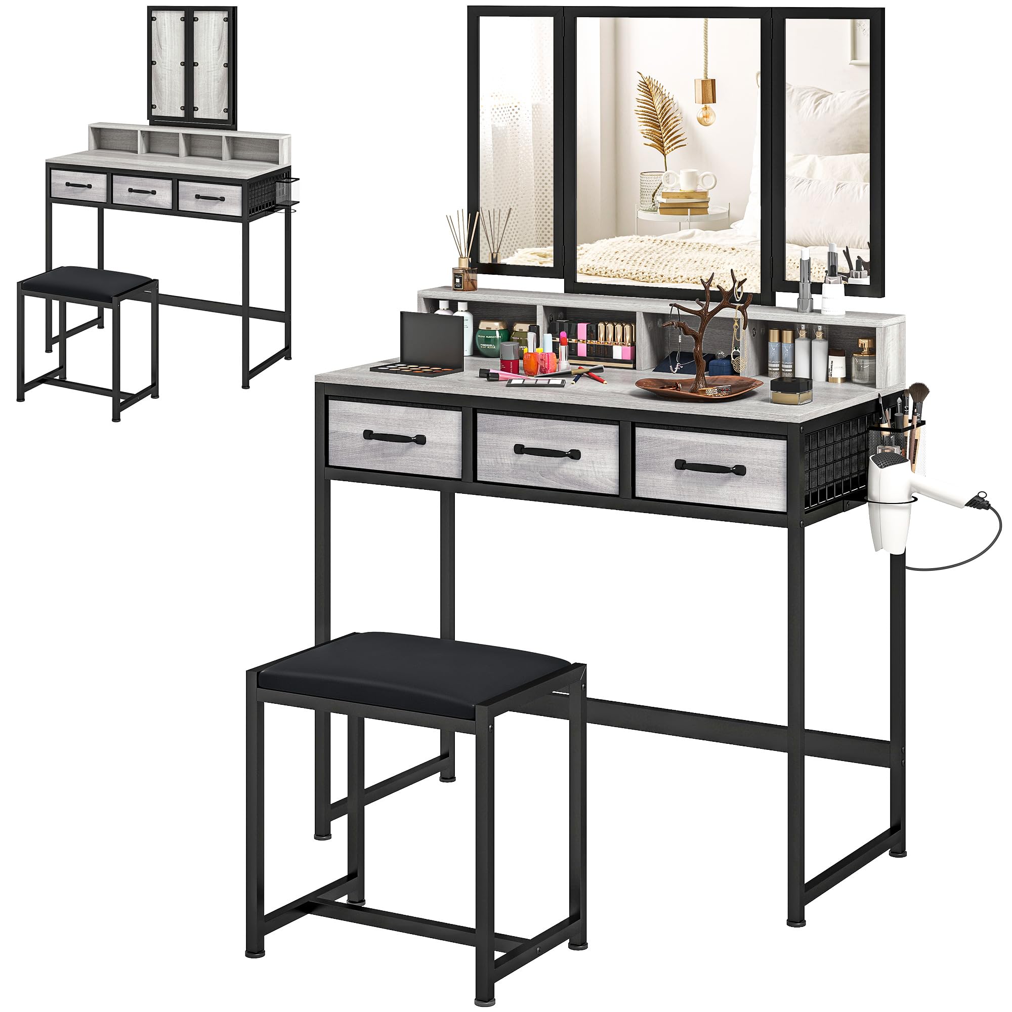 HOMCOM Tocador de Maquillaje con Espejo Tríptico Desmontable en Gris | Tocador con Taburete, 3 Cajones de Tela, Estantes, Soporte para Secador de Pelo, Cesta Metálica, Dormitorio, Vestidor