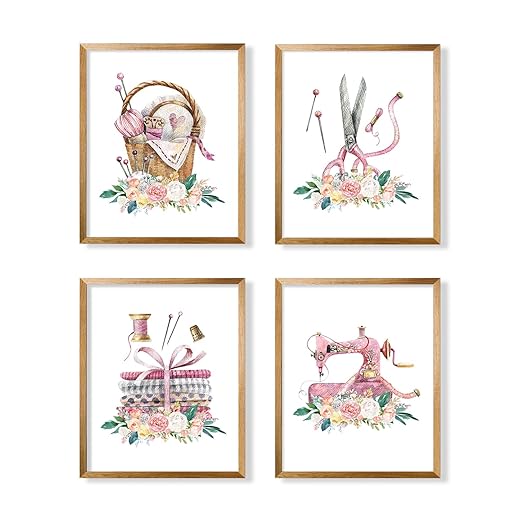 Wall Art for Sewing Lovers - Vintage Retro Gift for Sewciopath - Sewist Tailor Posters Prints - Quilting Scissors Thread Spools Needs Sewing Machines Pictures - Bedroom Hobby Decor Craft Gifts for Her