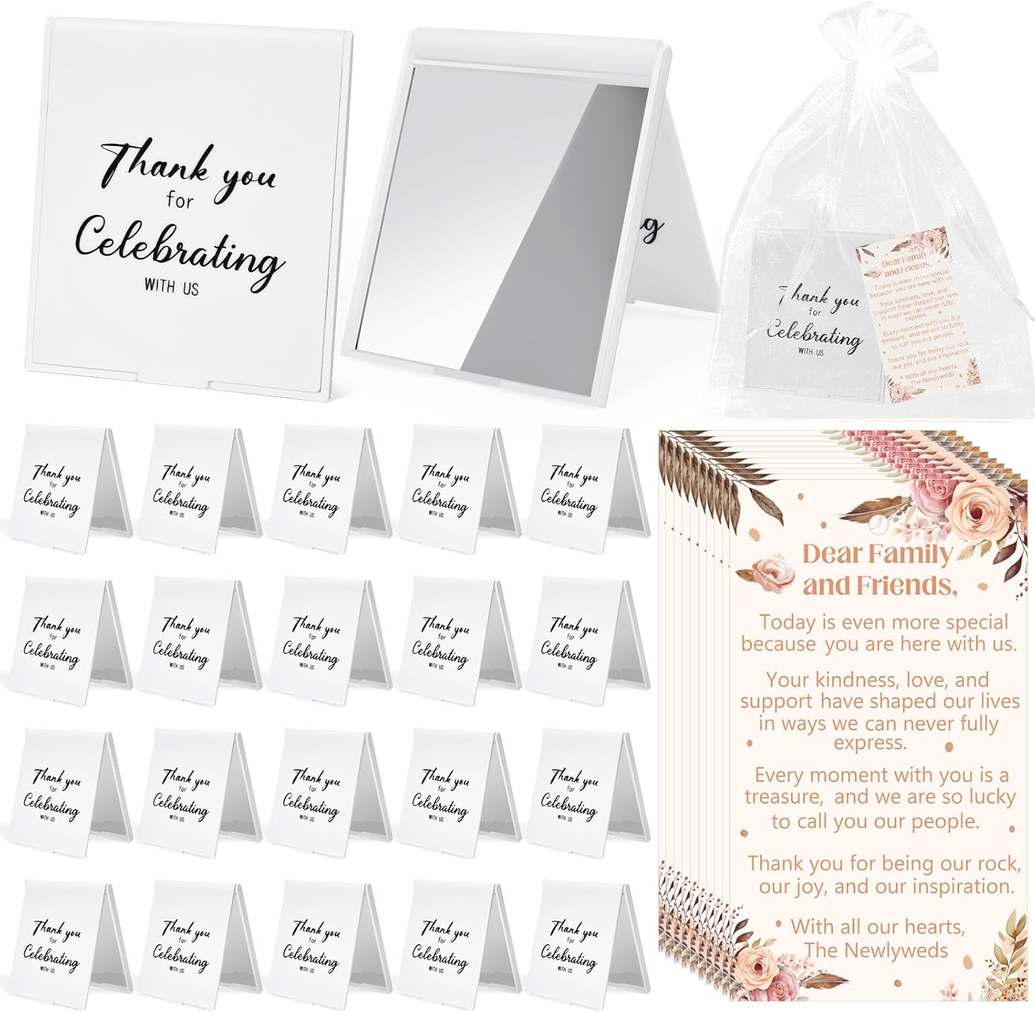 Cinrobiye 50 Pcs Wedding Favors for Guests Travel Makeup Mirrors Bulk with Thank You Cards Organza Bags Bridal Shower Bachelorette Party Guest Souvenirs