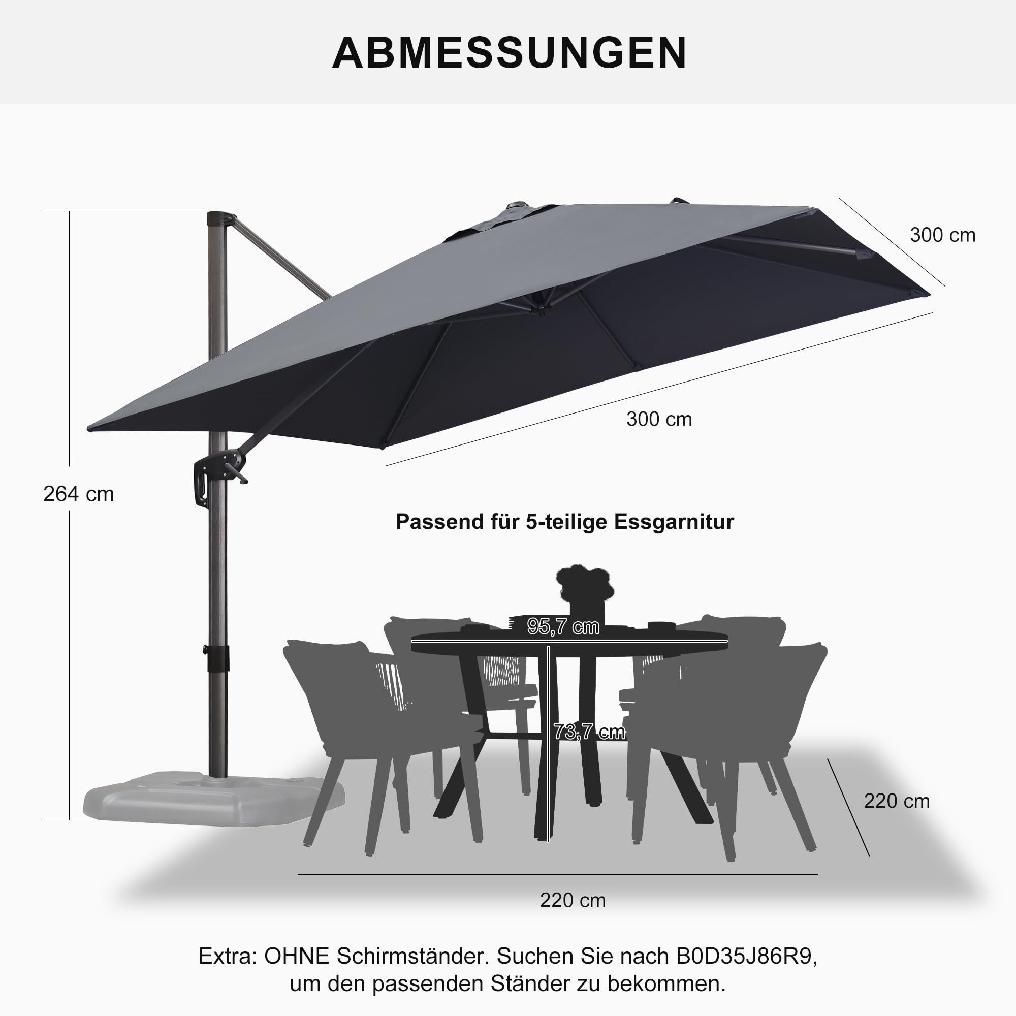 PURPLE LEAF Sonnenschirm 300 × 300 cm Groß mit Kreuzfuß Sonnenschutz, Grau | Alu Ampelschirm, Rostbeständig & Langlebig, Kurbelöffnung & 360° Fußpedal-Drehung, Einfache Bedienung, Flexibel Verstellbar
