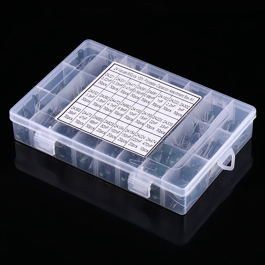Duokon Kit Assortimento Condensatori a Film in Poliestere, Set di Condensatori Elettronici 660 Pezzi 24 Valori, 100 V da 0,22 NF a 470 NF con Scatola Trasparente per Studenti di Laboratori di
