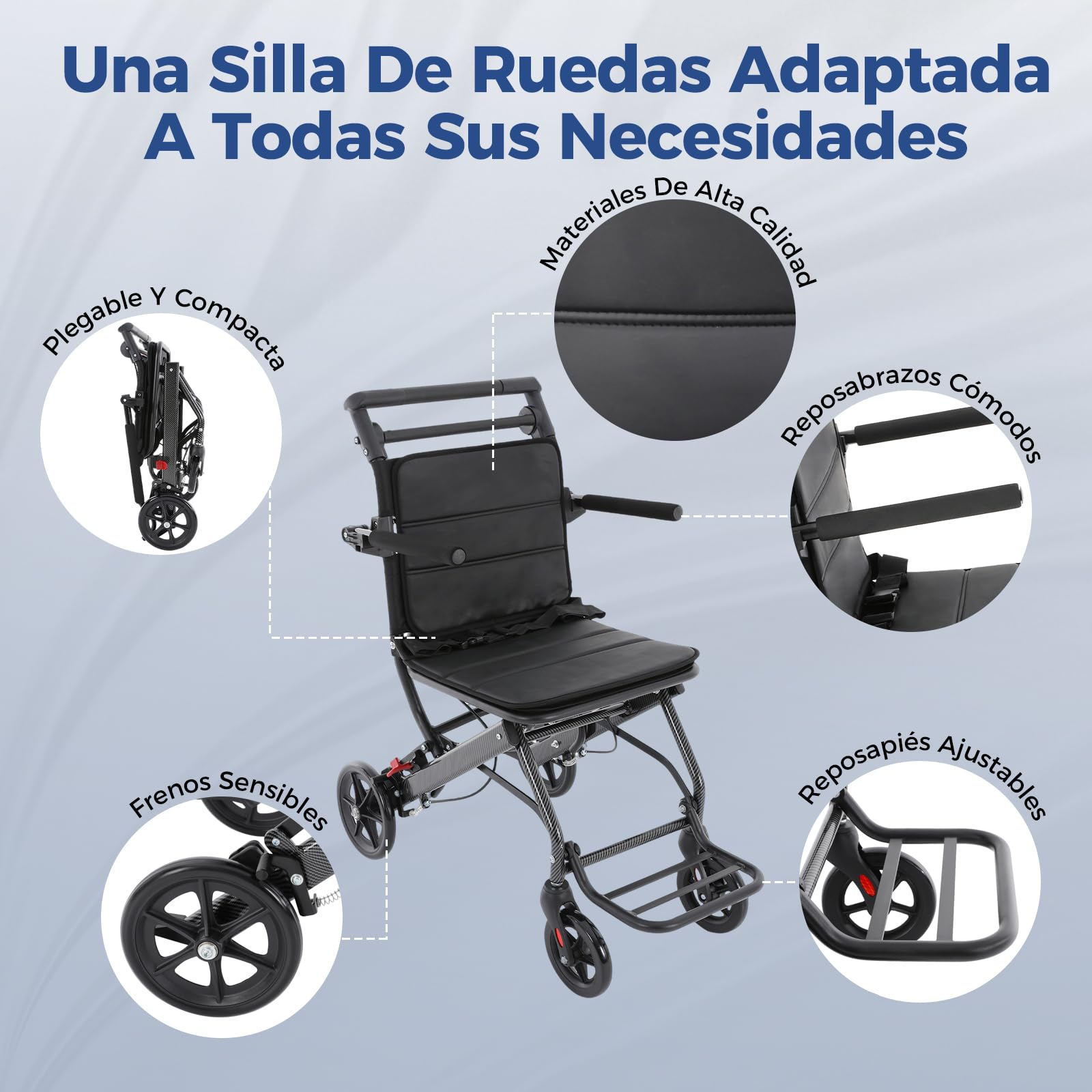 Silla de ruedas, ligera, plegable, ligera, plegable, 100 kg, con bolsa de almacenamiento, 100 kg
