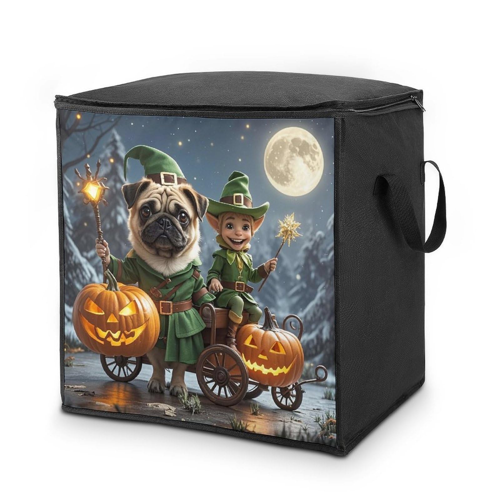 Dog Holding Pumpkin Lantern Storage Bag with Zippers And Handle Extra Large Bedding Comforter Storage Bag Foldable Blanket Storage Bags Fabric Moving Bags for Closet Organizer (70L)
