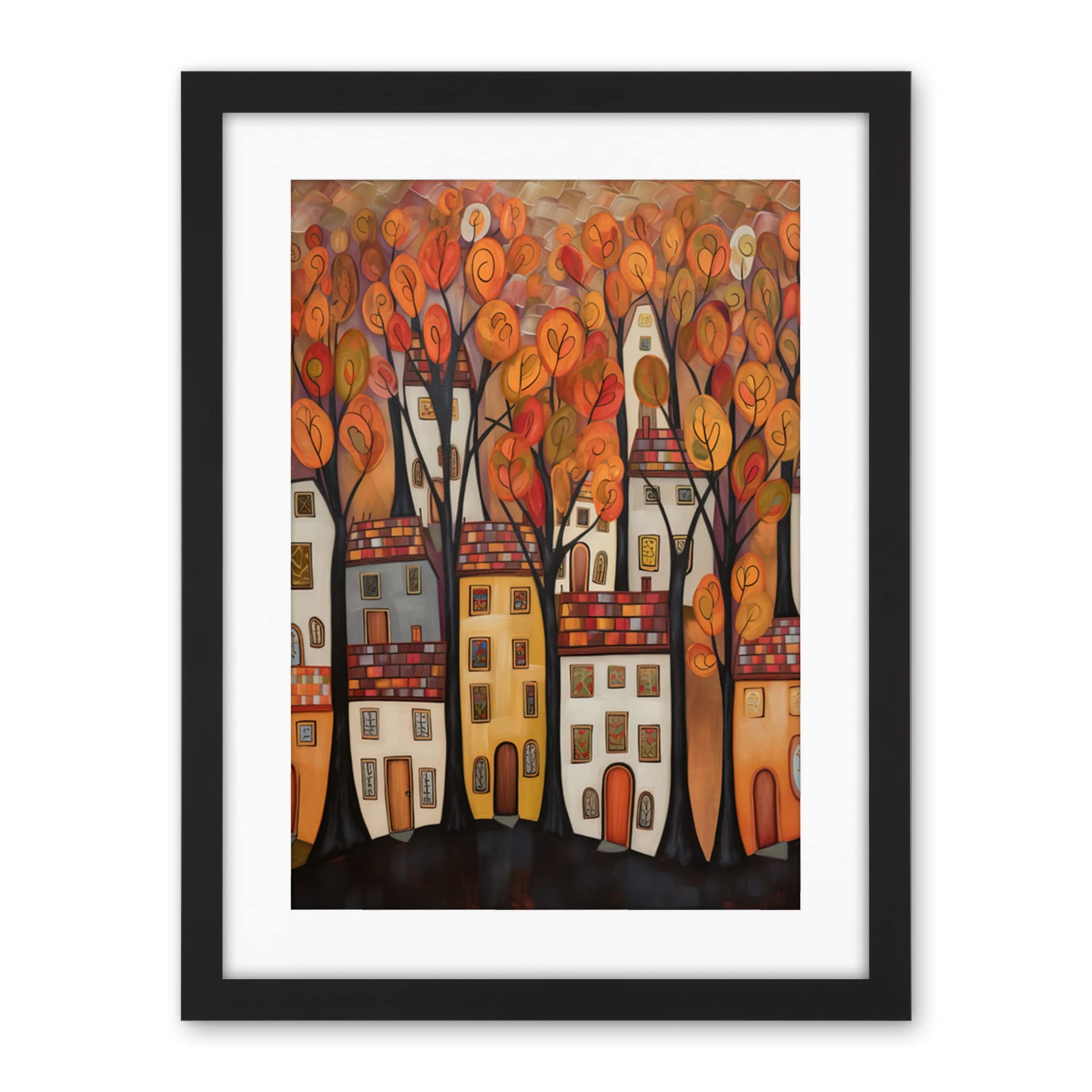 Artery8 Cityscape With Trees In Autumn Contemporary Folk Art Painting Artwork Framed Wall Art Print 18X24 Inch