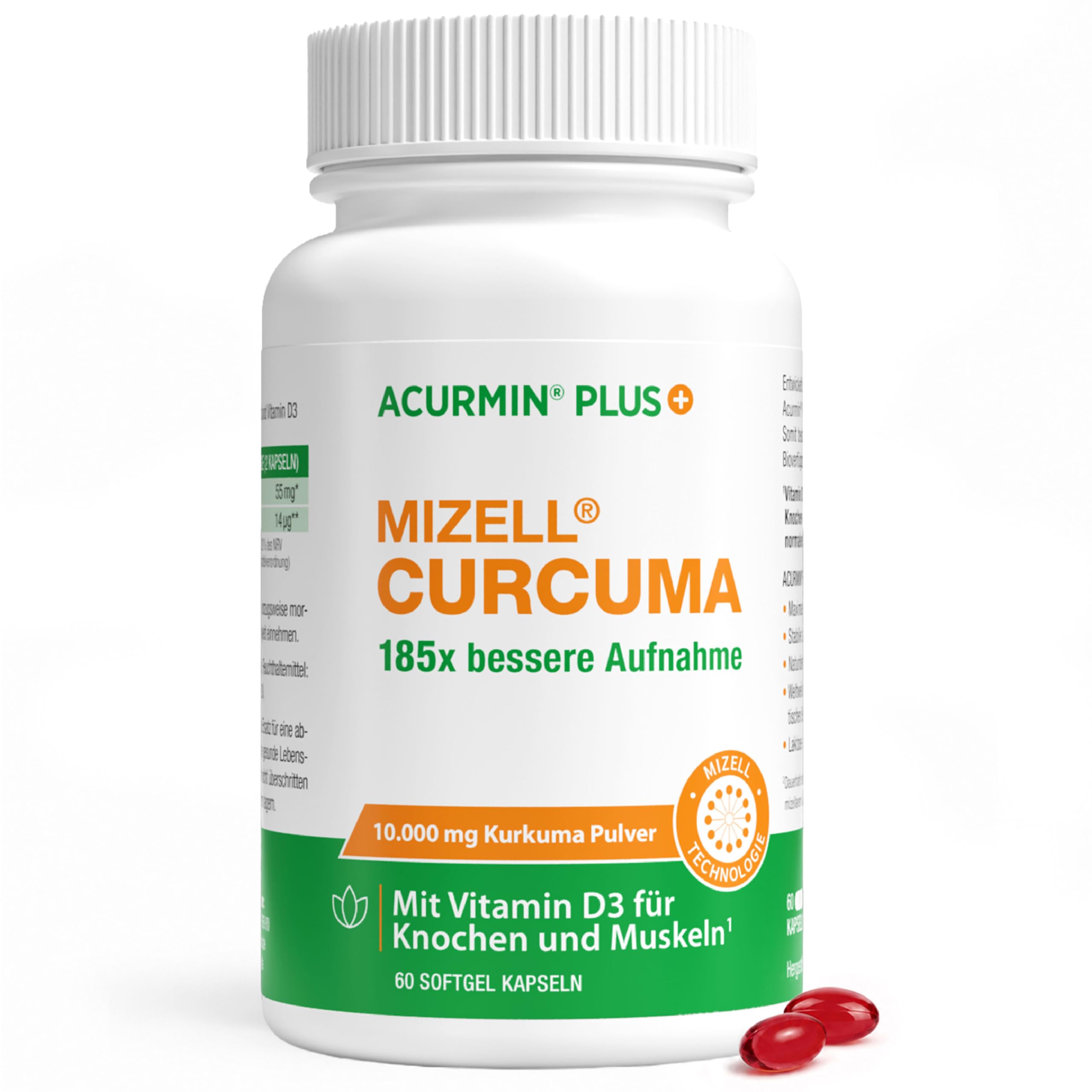 185x effektivere Kurkuma Kapseln - 10.000 mg Kurkuma Pulver/Tag - Kurkuma hochdosiert ohne Piperin - Mizell Curcuma - 95% Curcumin - mit Vitamin D3 für Knochen - Acurmin PLUS (60 Kapseln Dose)