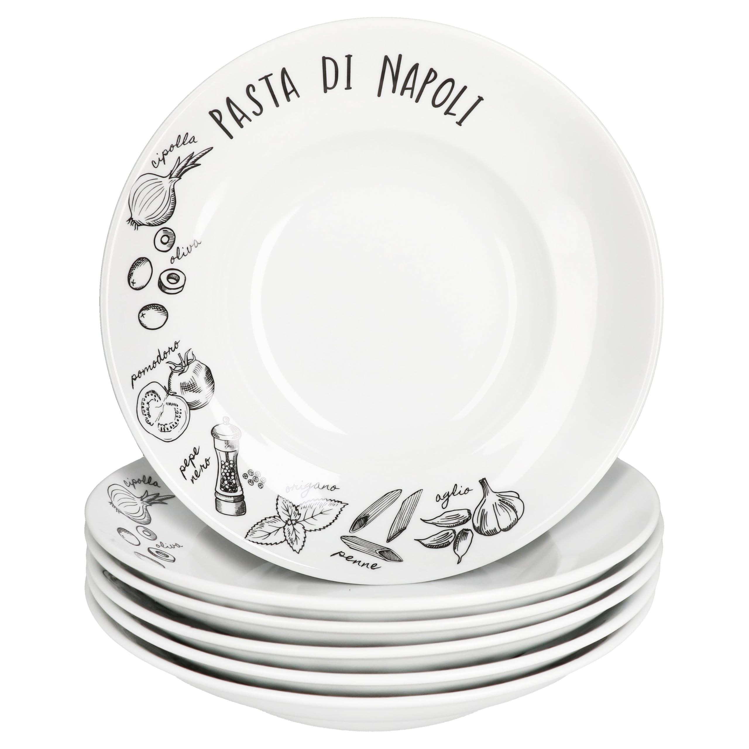 MamboCat Pasta di Napoli Lot de 6 assiettes creuses en porcelaine I Ø 27 cm 350 ml I Assiettes creuses en porcelaine noire et blanche avec décor I pour 6 personnes I Pâtes, salade, antipasti et soupes
