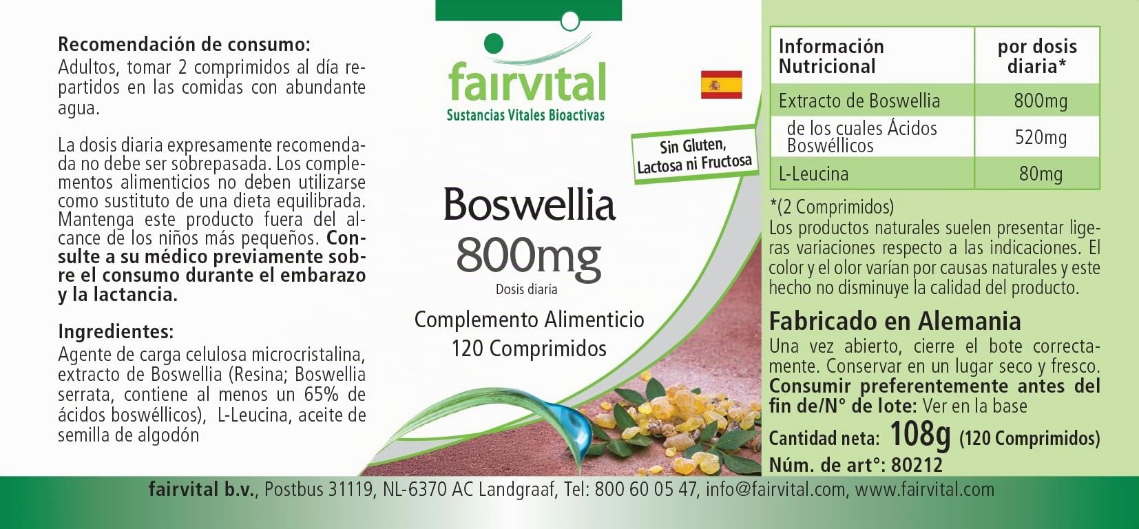 fairvital Comprimidos de incienso, extracto de Boswellia serrata, dosis diaria de 800mg, 360 comprimidos (3 x 120), incienso indio de alta dosis con un mínimo del 65% de ácidos boswélicos, vegano