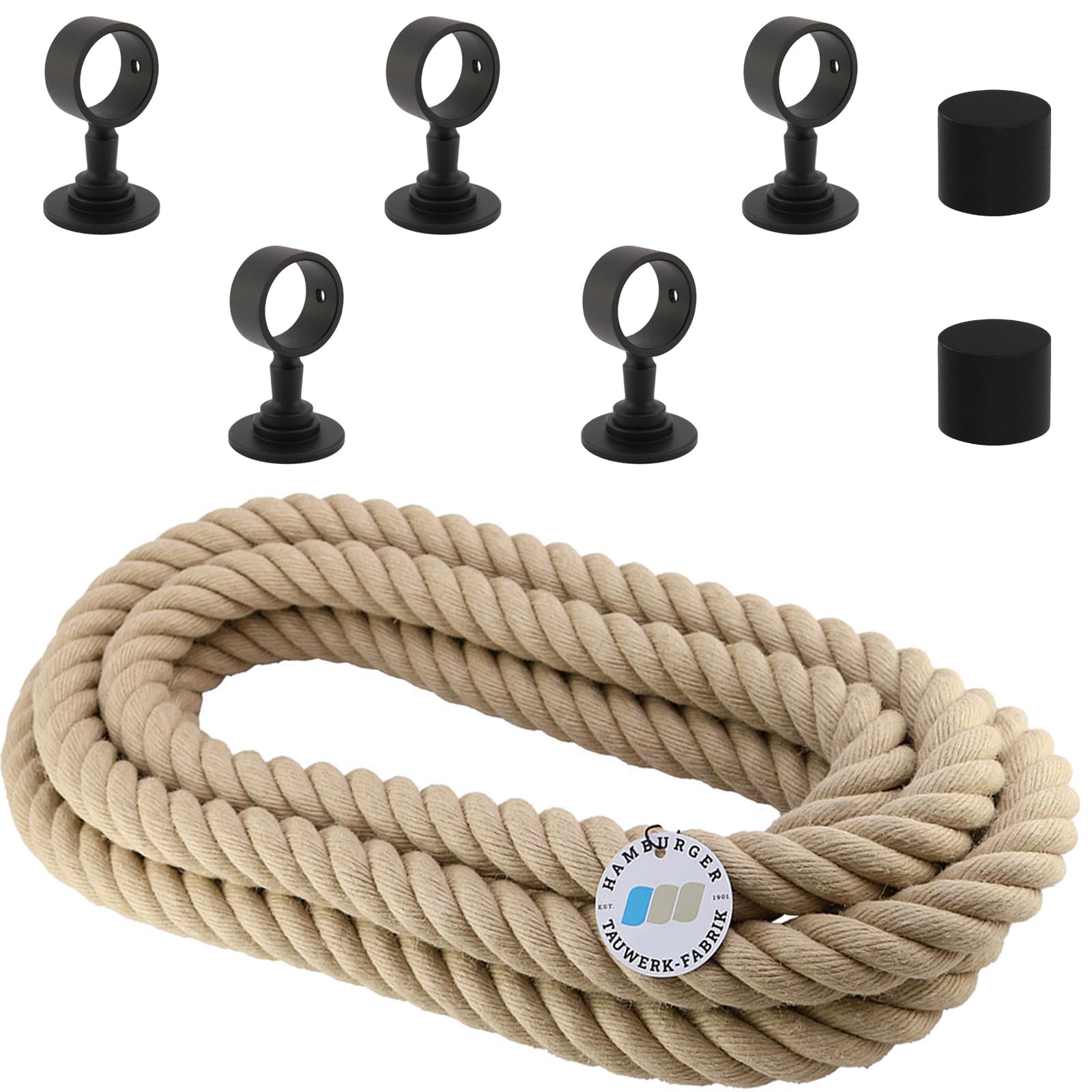Handlaufseil-Set Ø 30 mm – 5 m Polyhanf-Seil „Nature Touch“ naturfarben mit 2 Endkappen & 5 Seilträgern, schwarz matt | Treppe & Geländer