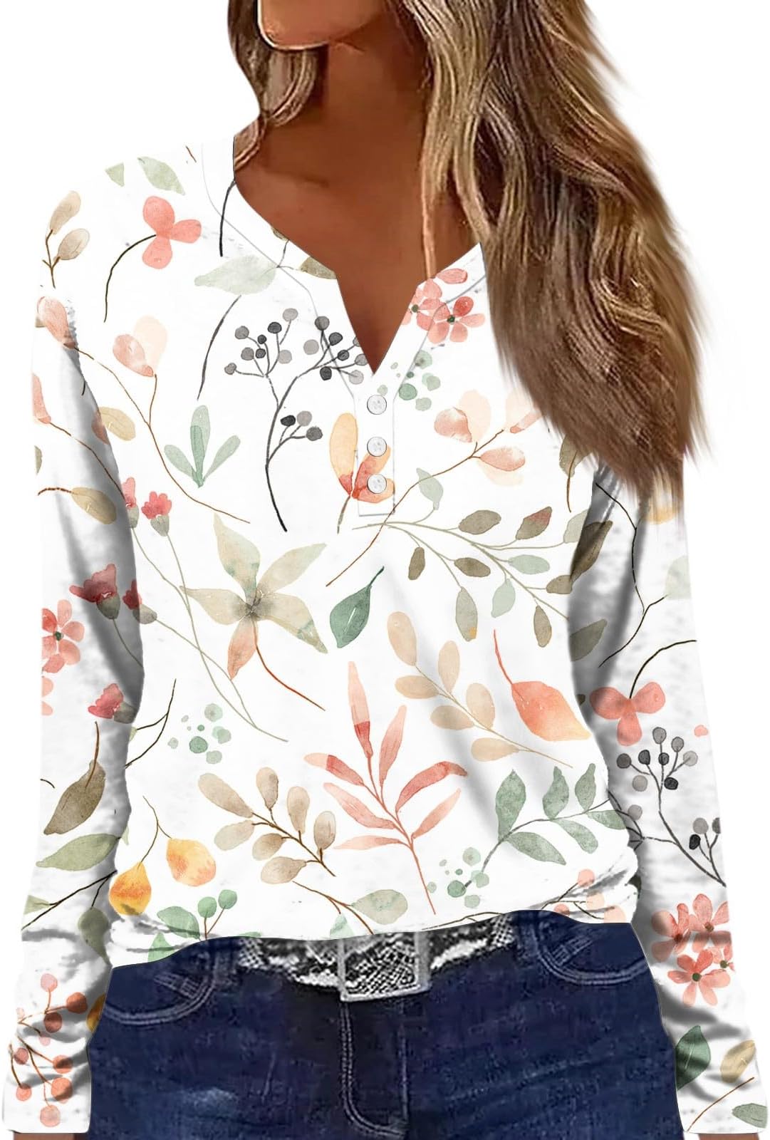 GenericShirt for Women V Neck Long Sleeve Tee Tops 2024 Trendy Tunic Tops Plus Size Loose Fit Floral Print T-Shirt Blouses