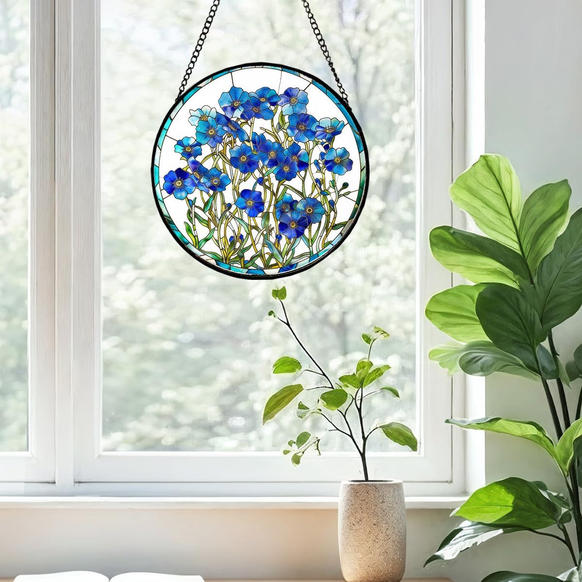 Greatingreat Forget Me Not Stained Glass Window Hanging, Home Room Decor 7.8 Inch Sun Catchers Indoor Window, Whimsical Decor Birthday Gifts for Women, Floral Lover Suncatcher