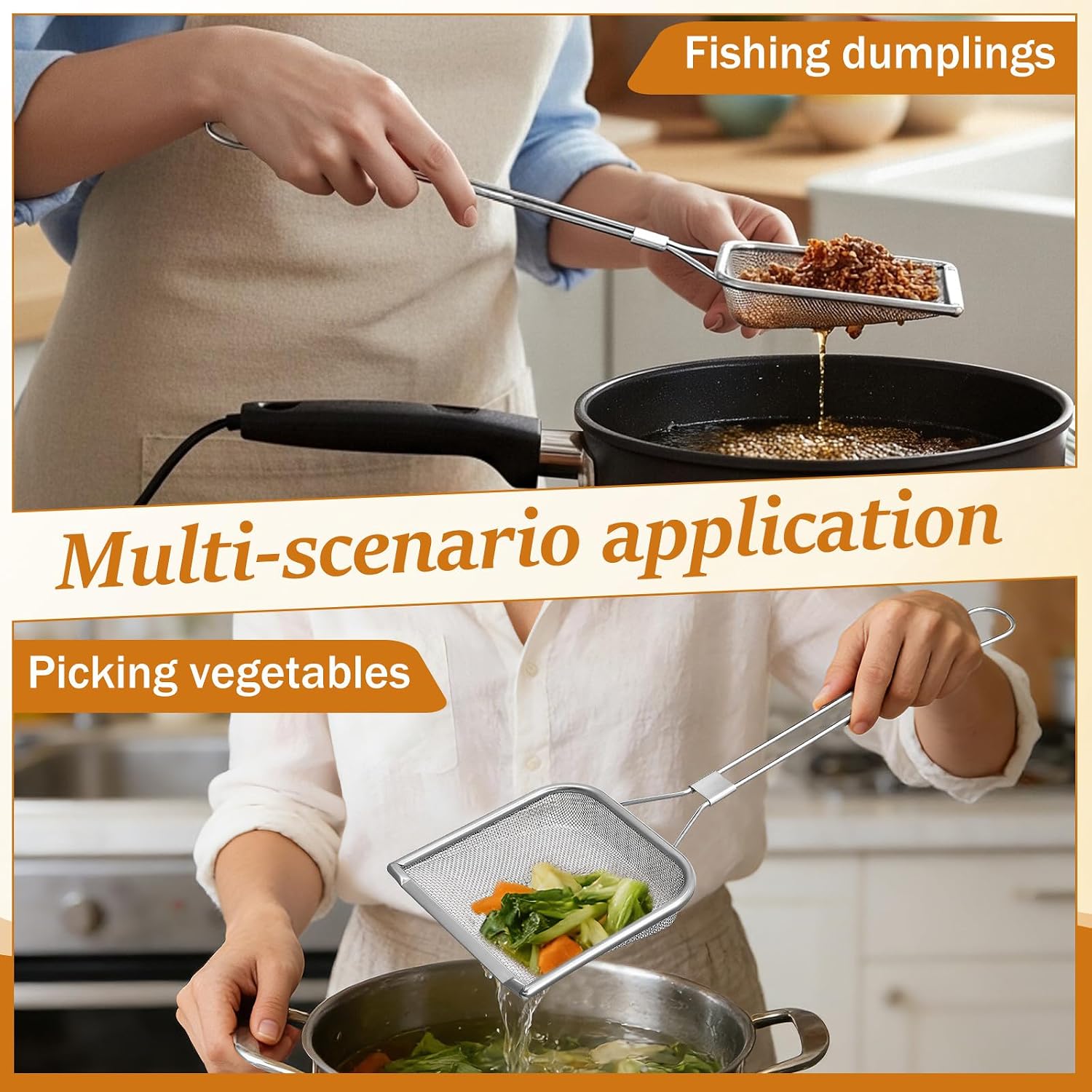 TOYANDONA Square Fine Mesh Skimmer: Square Frying Spoon Wire Mesh Strainer with Long Handle Hot Pot Fat Fine Skimmer Spoon Kitchen Utensil for Kitchen Fried Food, 16. 90x5. 11x1. 57in