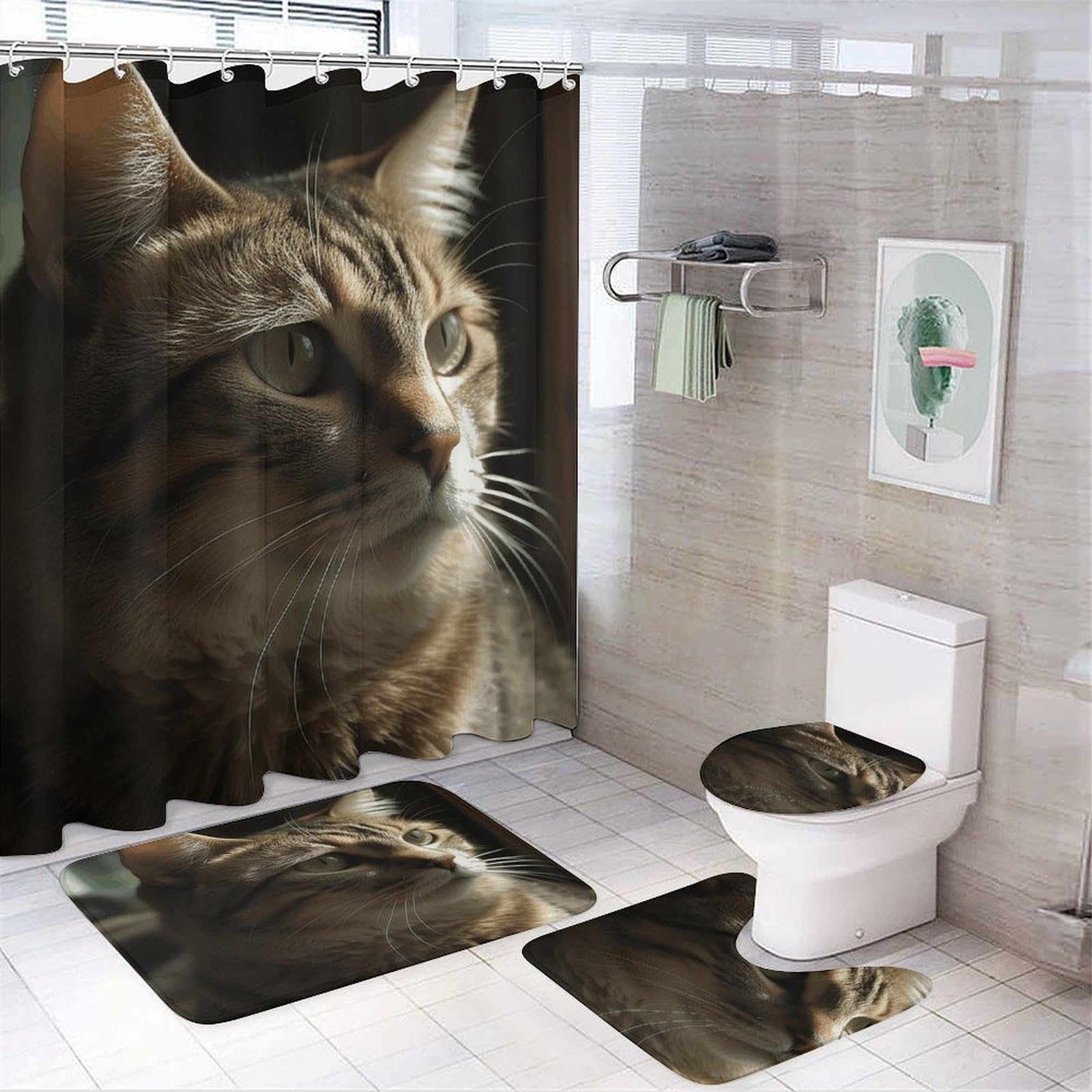 Rideau de douche chat tigré et tapis assortis pour transformer l'ambiance de votre bain