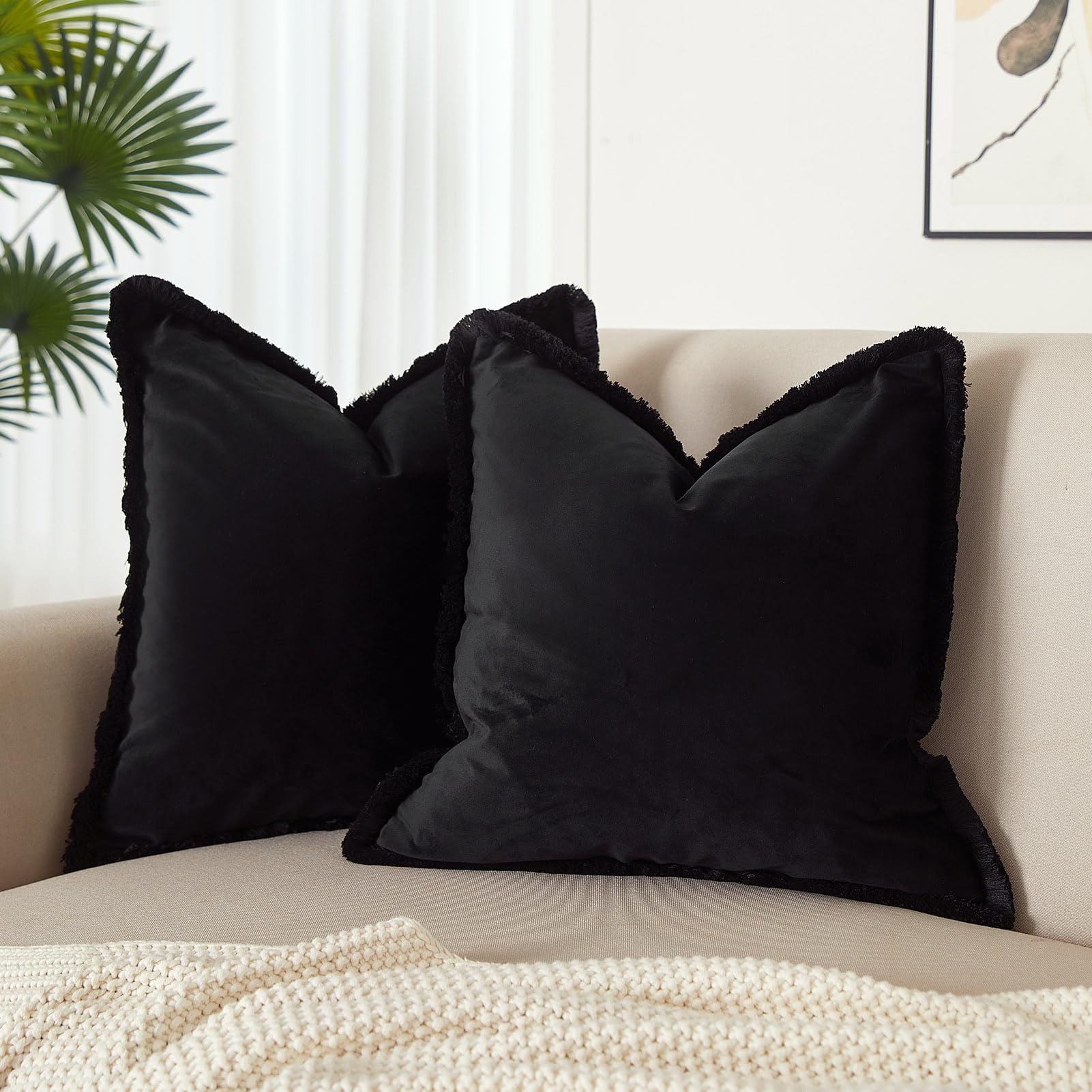 JUSPURBET Black Velvet Throw Pillow Covers 26x26 Inch Set of 2 with Soft Tassel Fringe Luxury Boho Pillowcase for Sofa Couch Bed Home Decor Machine Washable — image 1