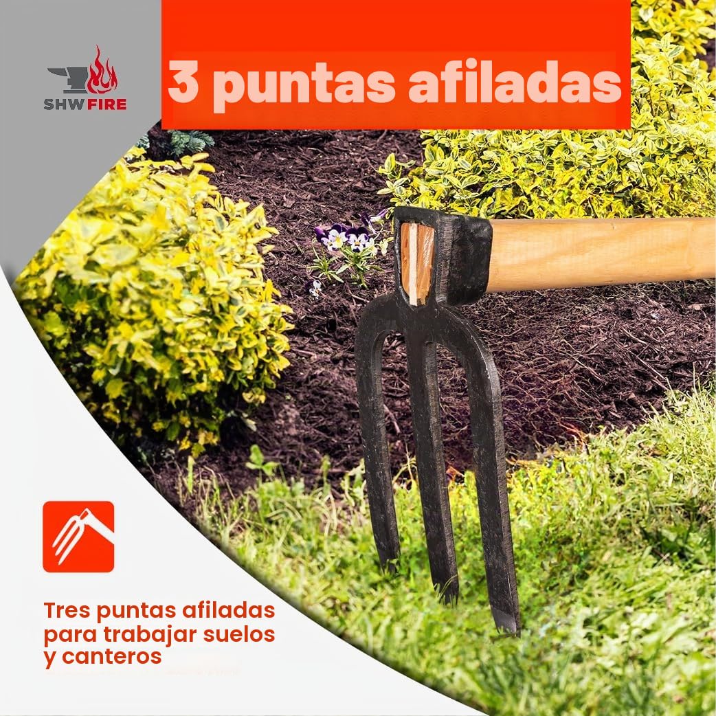 SHW-FIRE Karst 59056 - Azada de jardín (3 dientes, punta con mango de madera de fresno, 135 cm)