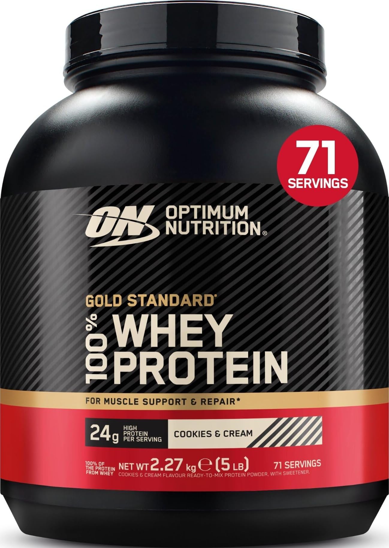 Gold Standard 100% Whey Protein Powder, 2.27 kg | Cookies and Cream, 71 Servings, 24 g Protein, BCAA, Low Sugar, Fast-Digesting Isolate, Supports Muscle Growth and Repair
