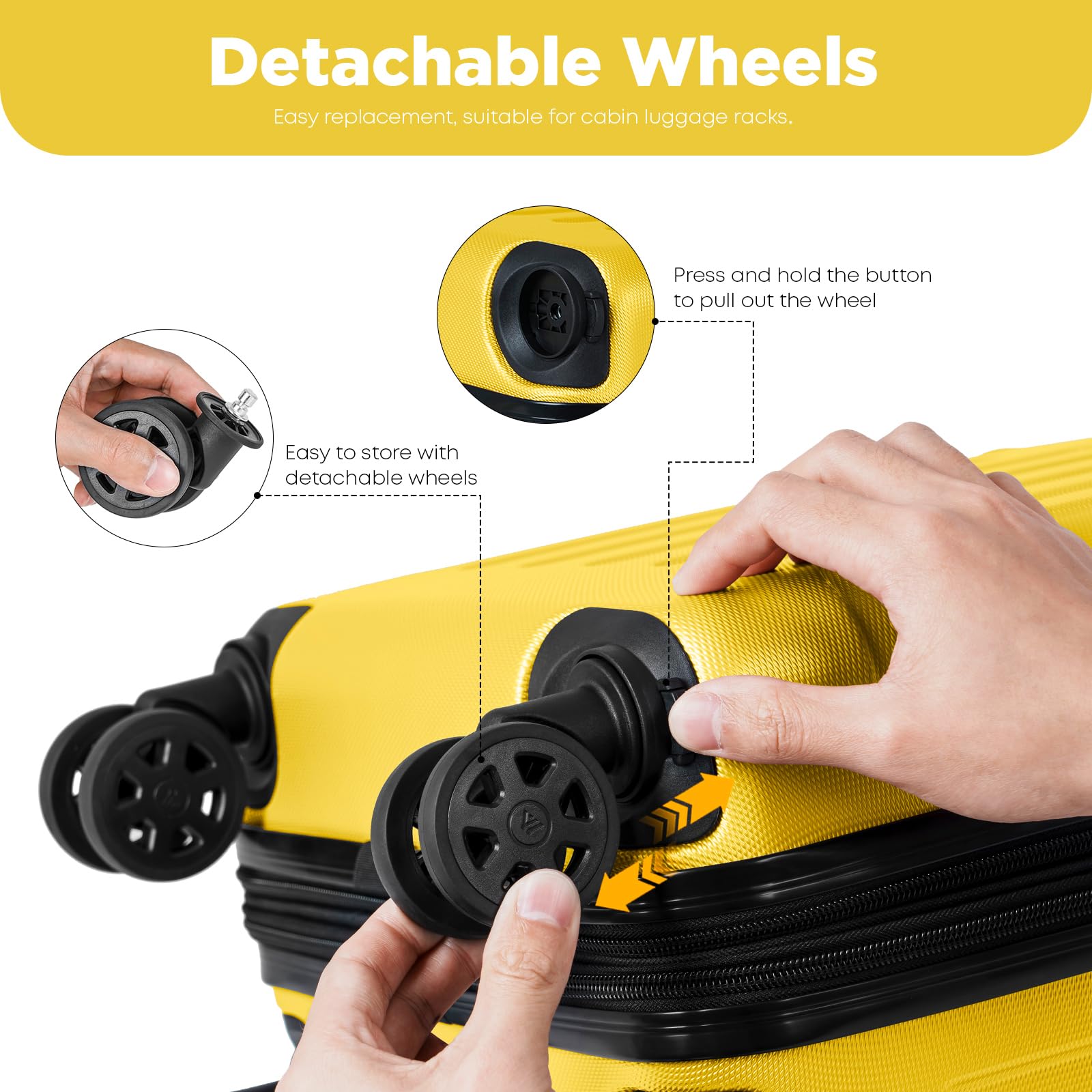 Maleta de Cabina con Ruedas Desmontables, 4 Ruedas Giratorias de 360°, Carcasa Rígida, Cerradura de Combinación, Asa Telescópica (Amarillo, S)