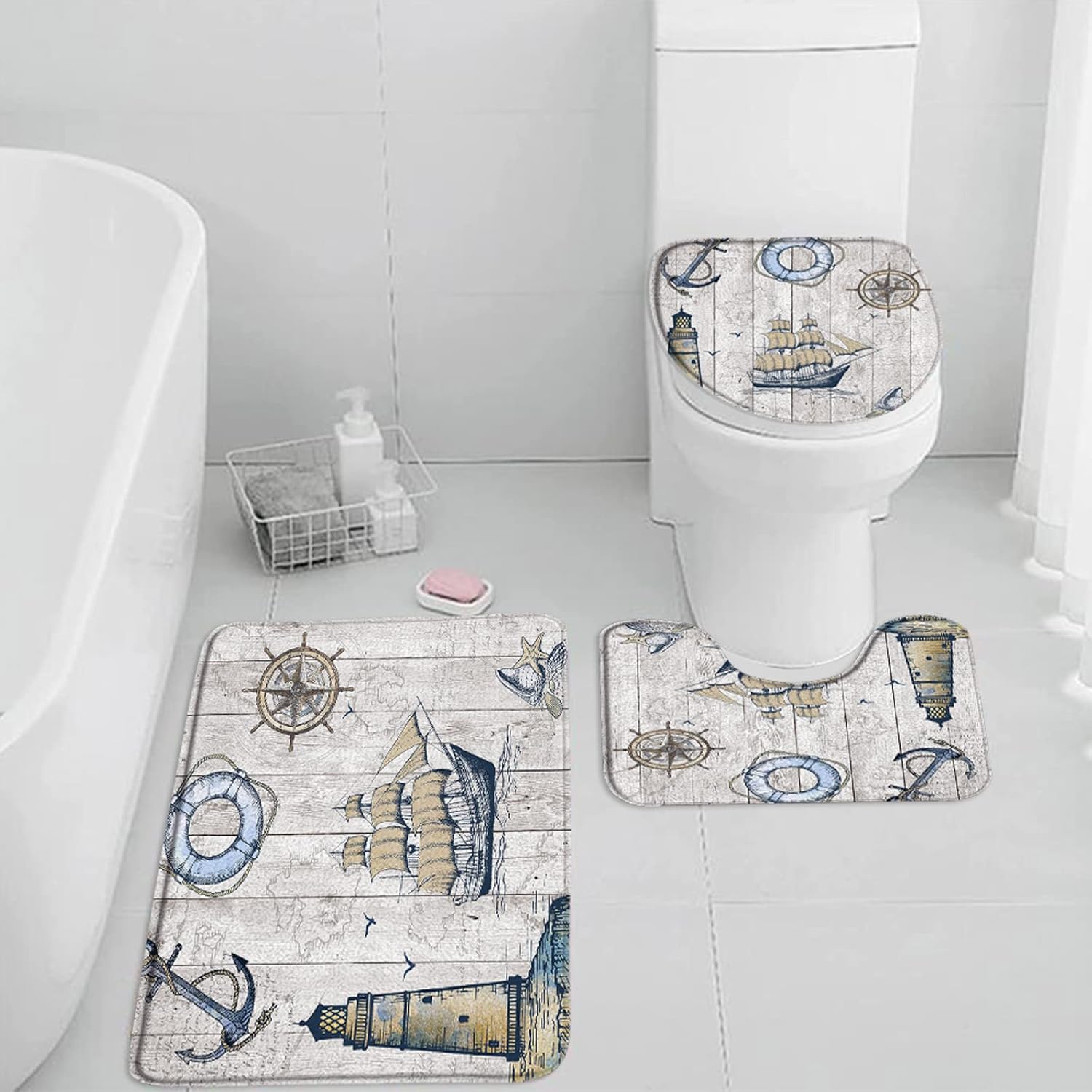 3 Pieces Set Nautical Bathroom Rugs Lighthouse Anchor