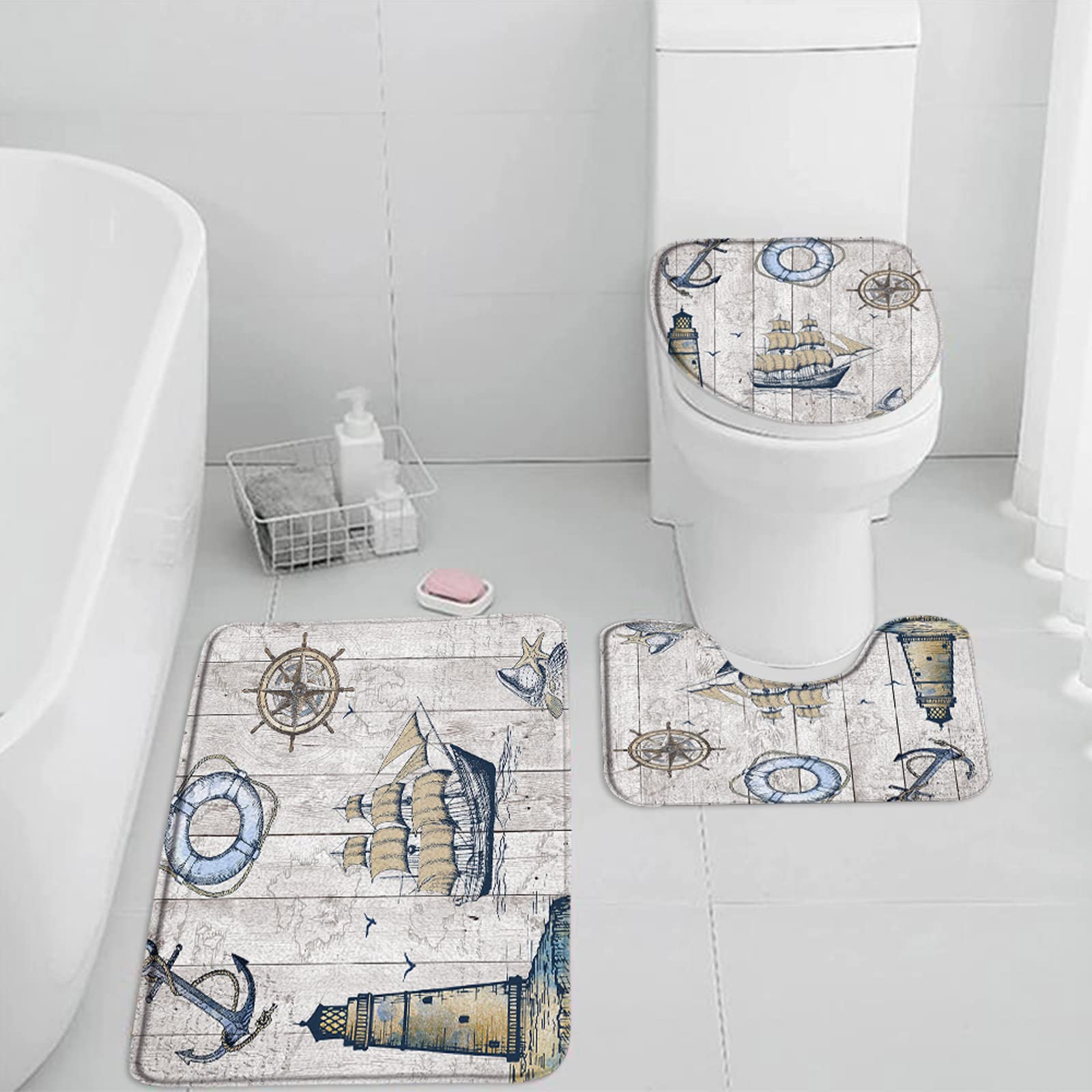 3 Pieces Set Nautical Bathroom Rugs Lighthouse Anchor Sailboat Vintage Rustic Barn Wooden Plank Ocean Compass Starfish Seashell Toilet Lid Cover