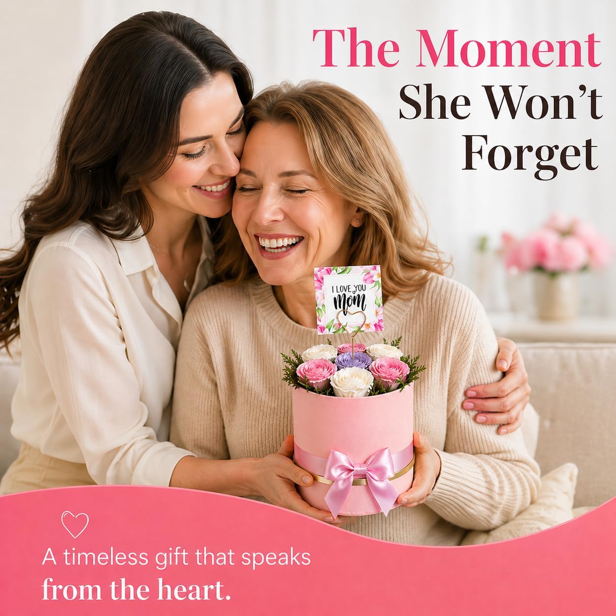 love & bloom Preserved Roses Gift for Mom – Forever Pink White Lavender Flower Arrangement with “I Love You Mom” Card, Long Lasting 3+ Years, Birthday, Thank You, Mother’s Day