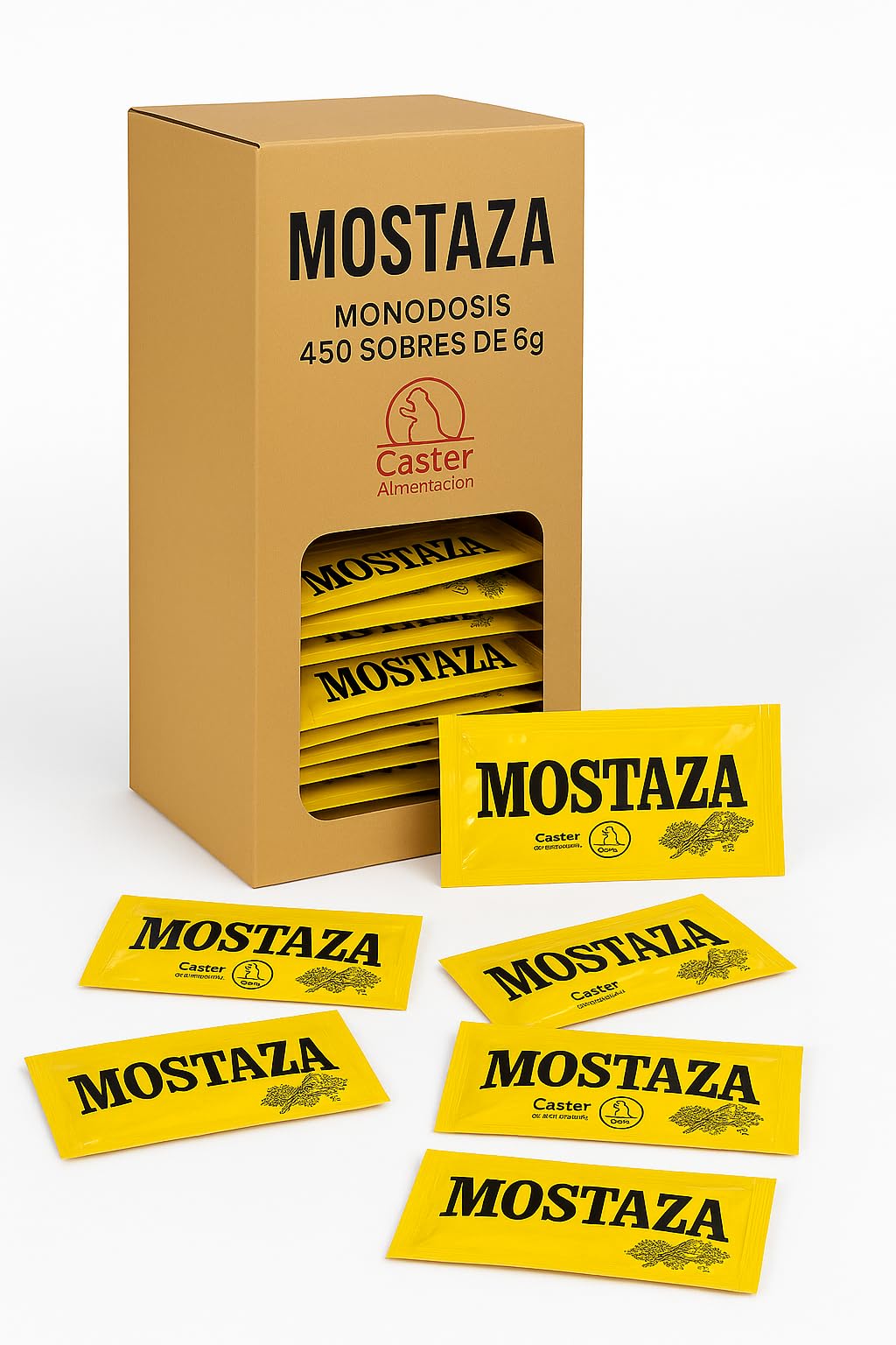 Mostaza Monodosis 6g Caja Dispensadora 450 Sobres Individuales Sabor Equilibrado Semillas de Mostaza Seleccionadas Hostelería Catering