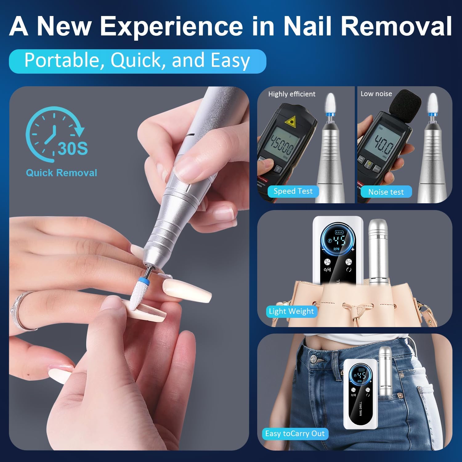 30s Quick Removal Electric Nail Drill LEDSUUEI:【NO.1 Professional Cordless】 45000 RPM High Tech Electric Nail File Fast Removal Nail Drill Kit for Acrylic Nails Gel Polishing Rechargeable