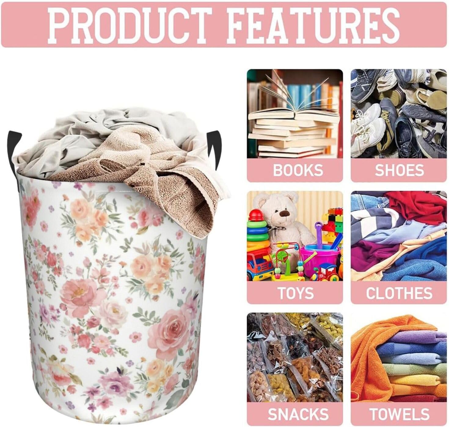 Pink Flowers Laundry Hamper Bag With Waterproof Liner - Watercolor Floral Round Laundry Basket Foldable Clothes Storage Organizer For Bathroom Bedroom Nursery Dorm, M-19.6"X 15.7"