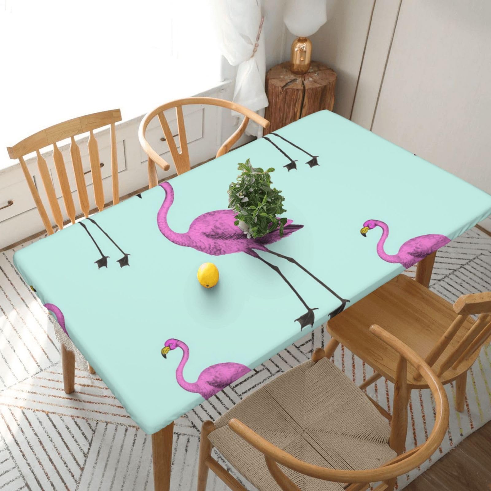 DCEHGEW Elastic Fitted Rectangle Tablecloth for 5ft Tables, Tropical Flamingo Printed Oilproof & Washable Fabric Picnic Table Cloth Table Covers