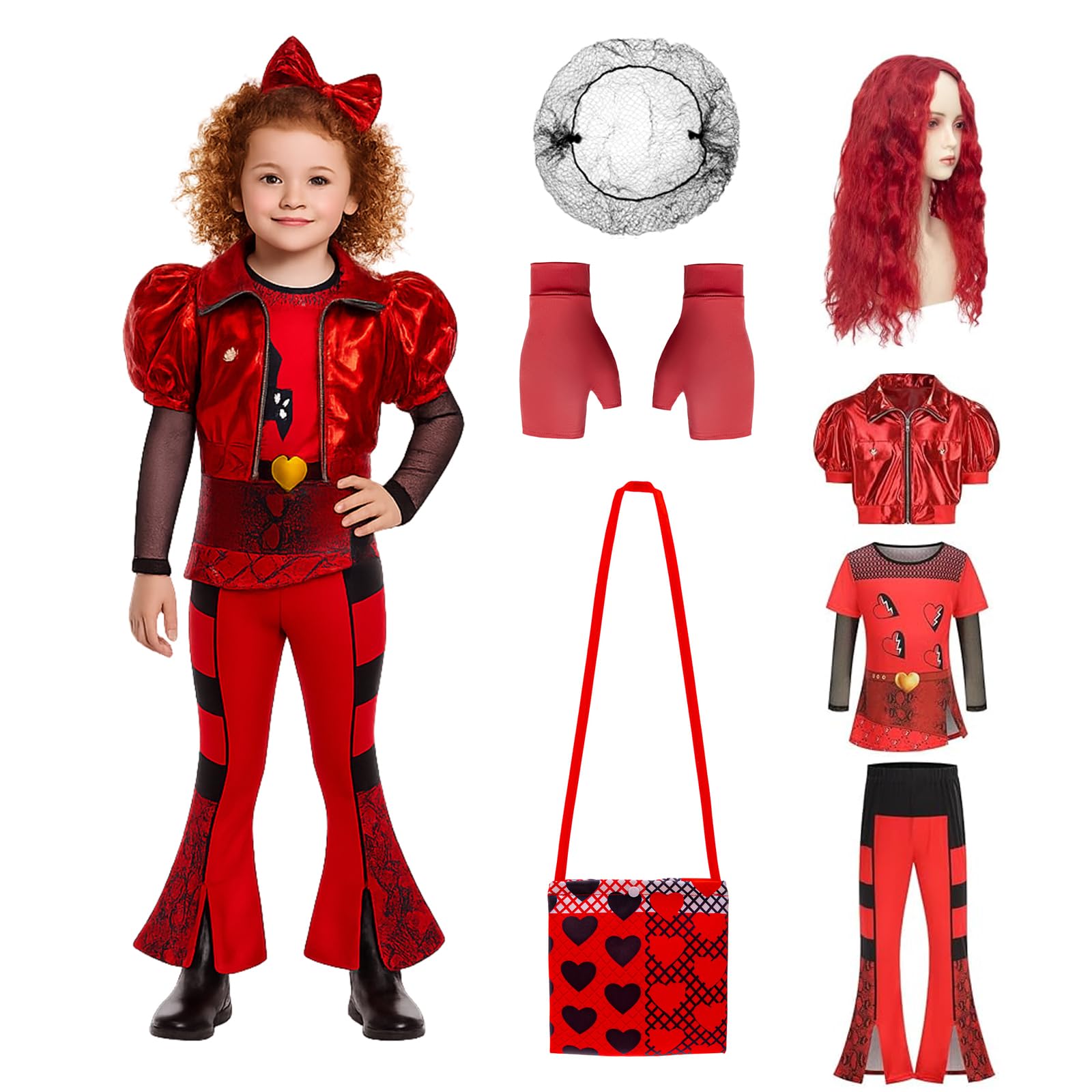 Red Kostüm mit Jacke, Top, Hosen Perücke Rot, Rot Handschuhe, Liebesbeutel für Karneval, Haloween Kostüm Mädchen