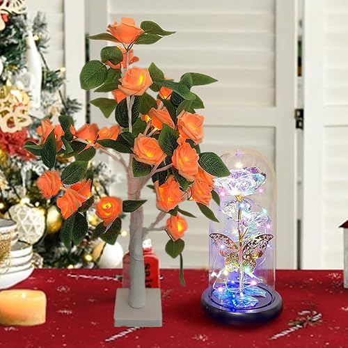 Luz de árbol de rosas para mesa, mini árbol bonsái con flor de rosa naranja, lámpara decorativa para árbol de chimenea, dormitorio, hogar, fiesta,